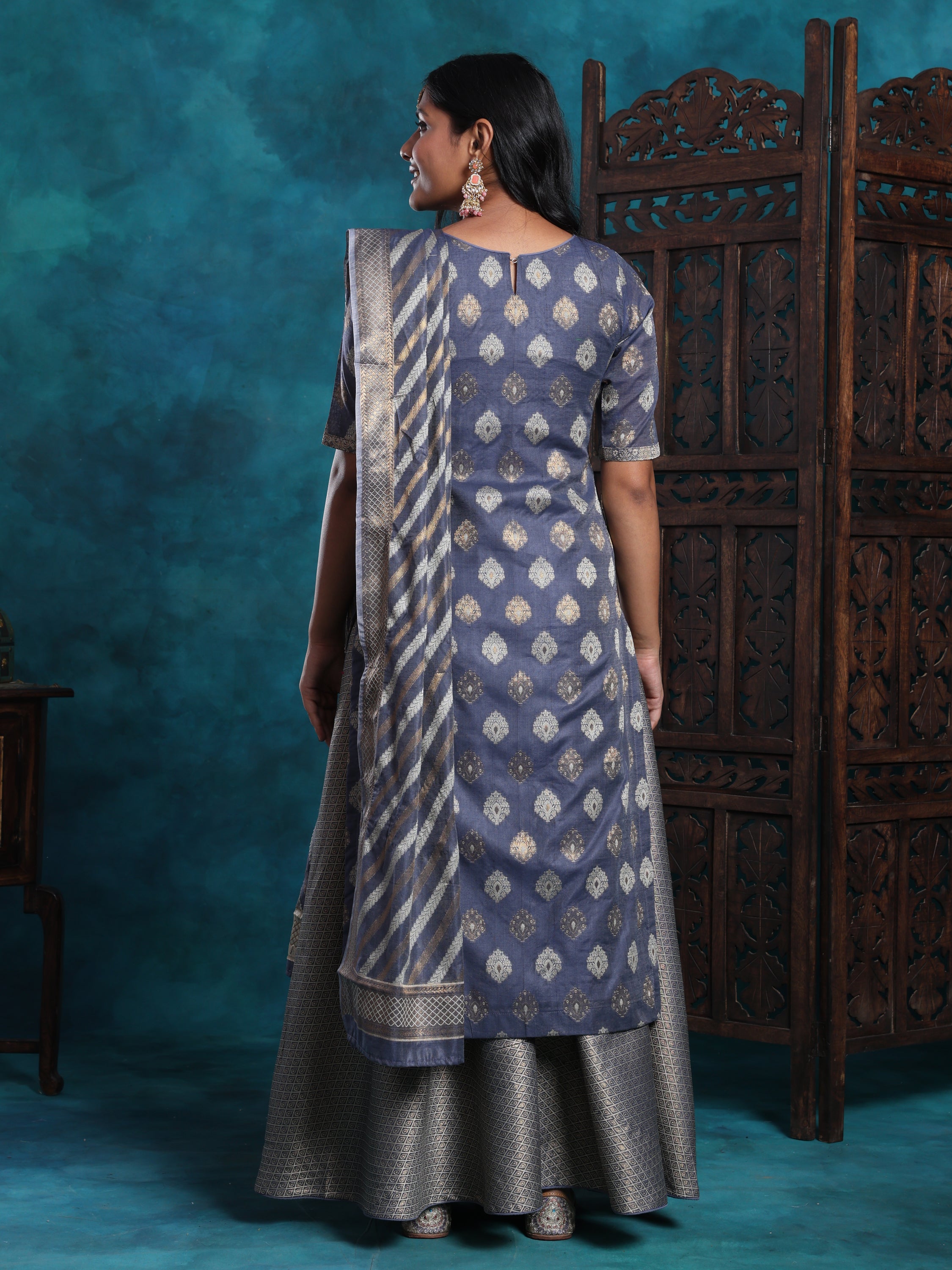 Powder Grey Banarasi With Zari Work Suit
