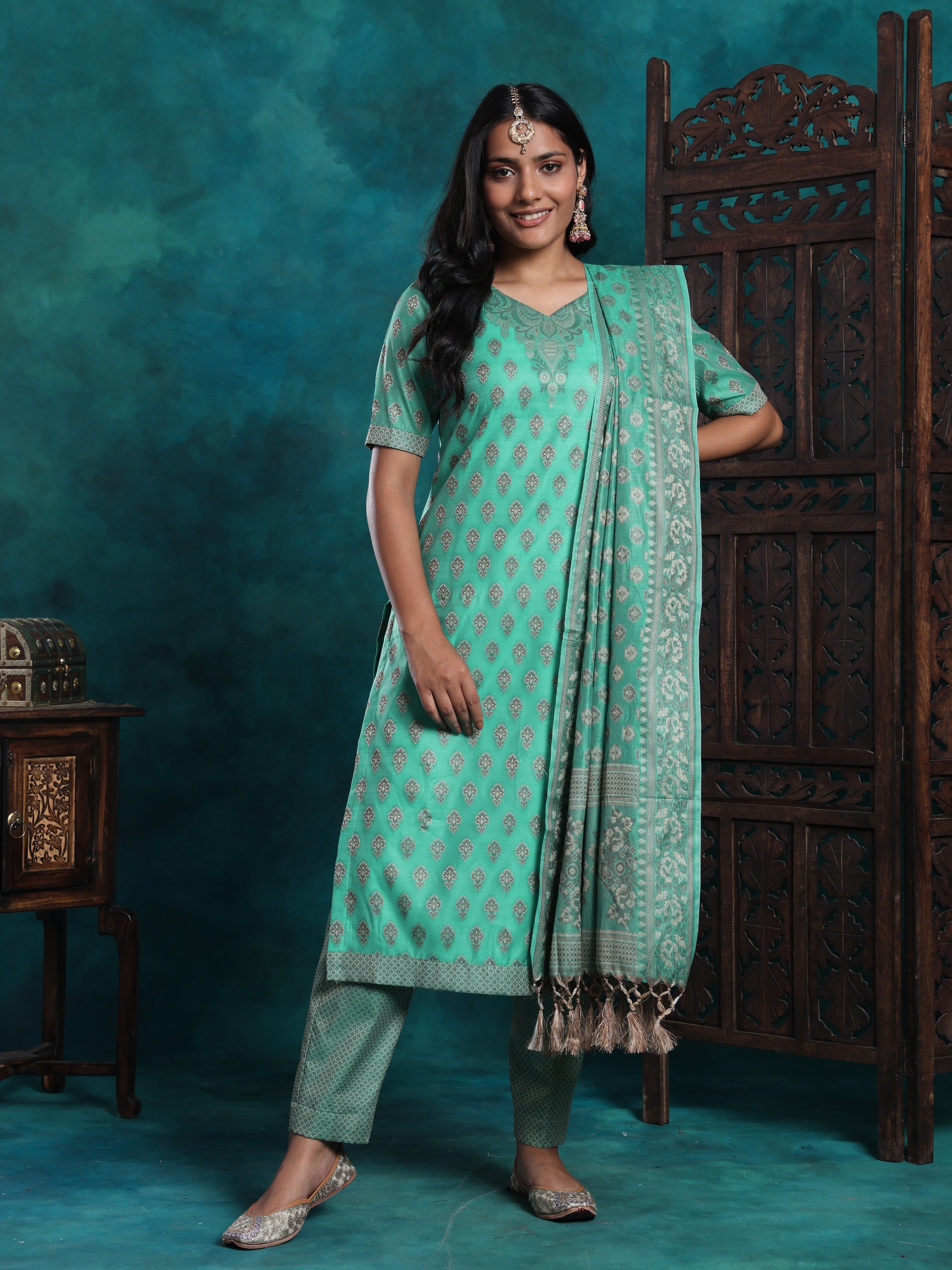 Light Green Zari Work Banarasi Brocade Suit