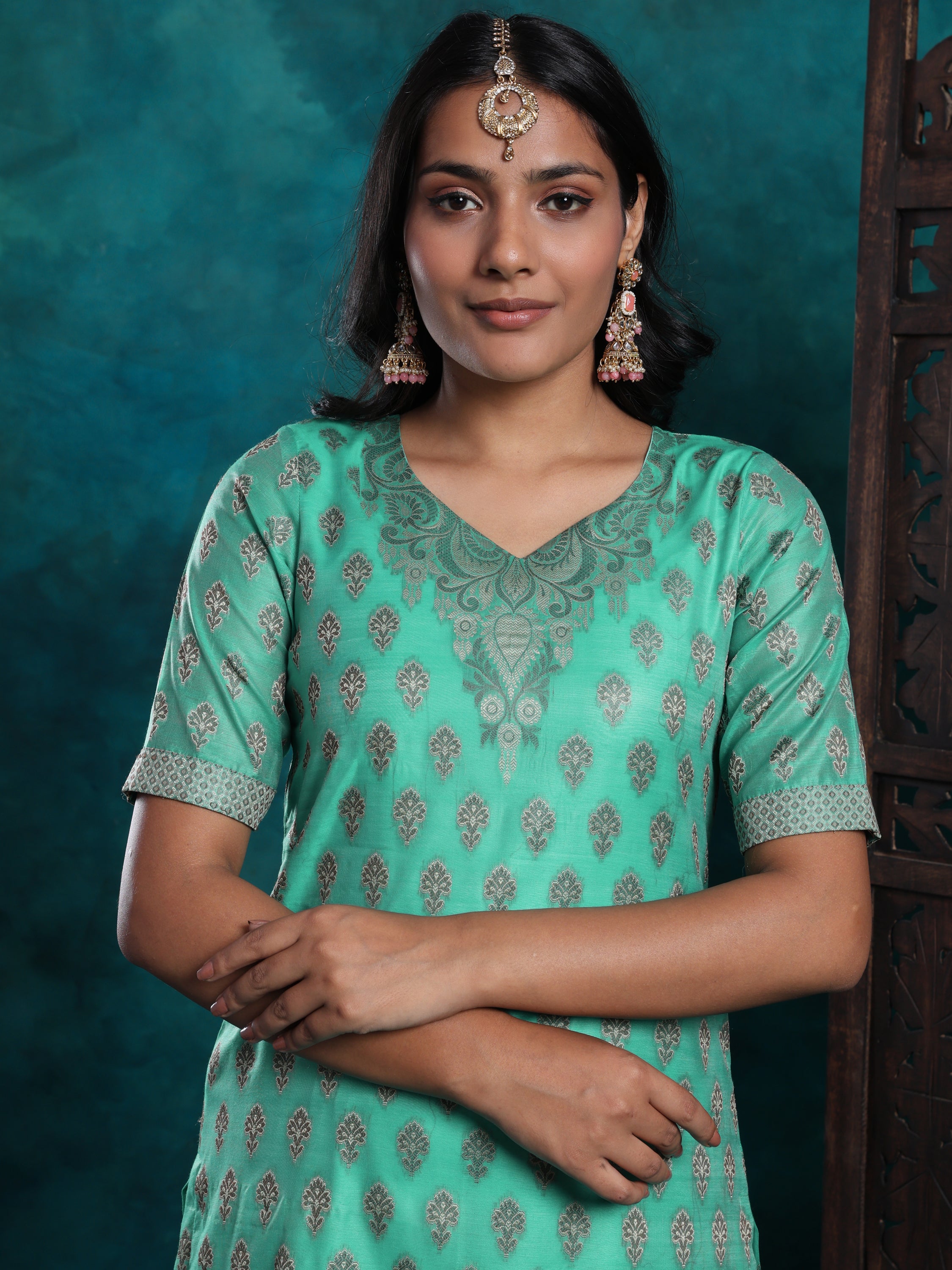 Light Green Zari Work Banarasi Brocade Suit