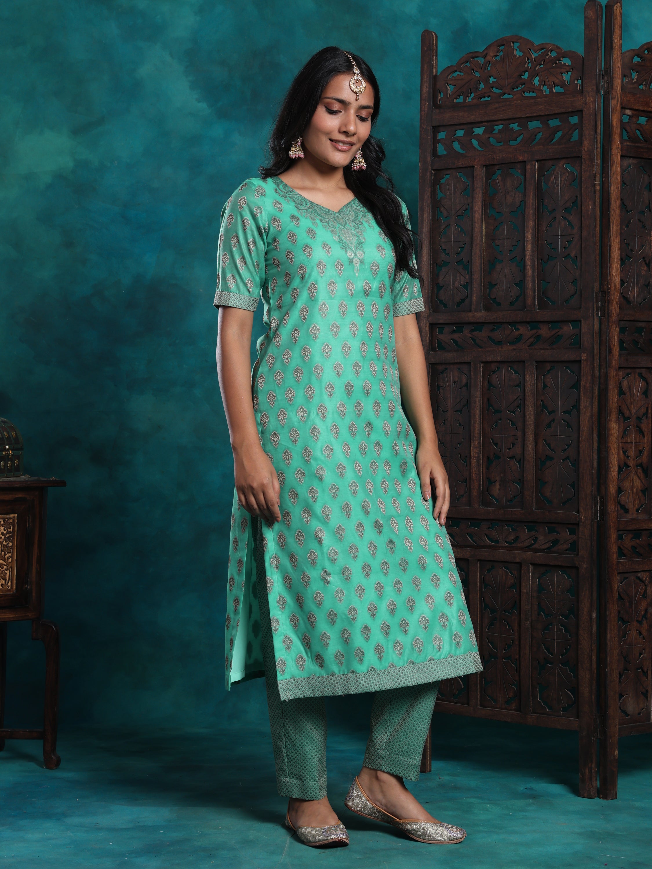 Light Green Zari Work Banarasi Brocade Suit