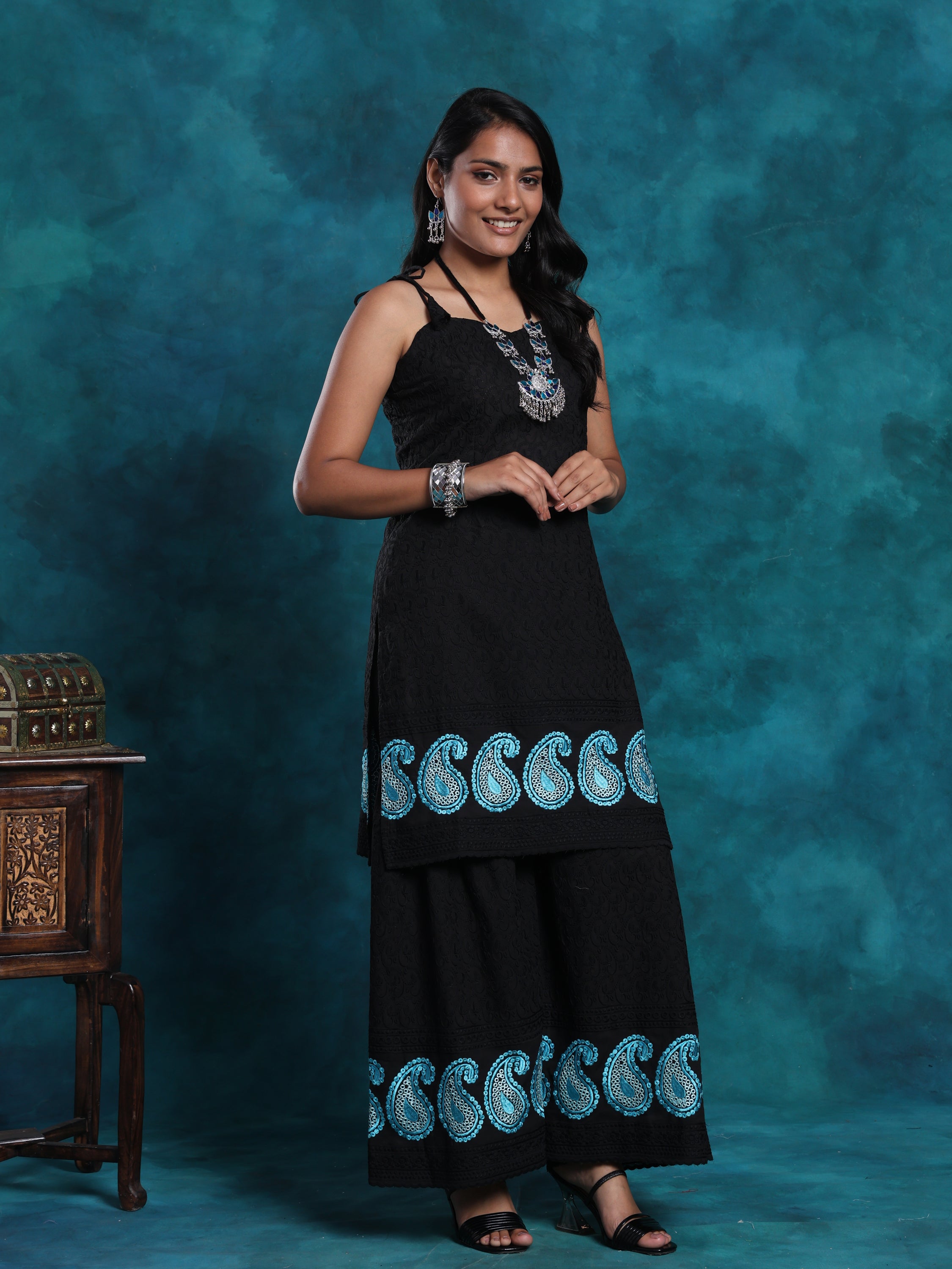 Black & Blue Schiffly Chikankari Embroidered Gharara Set
