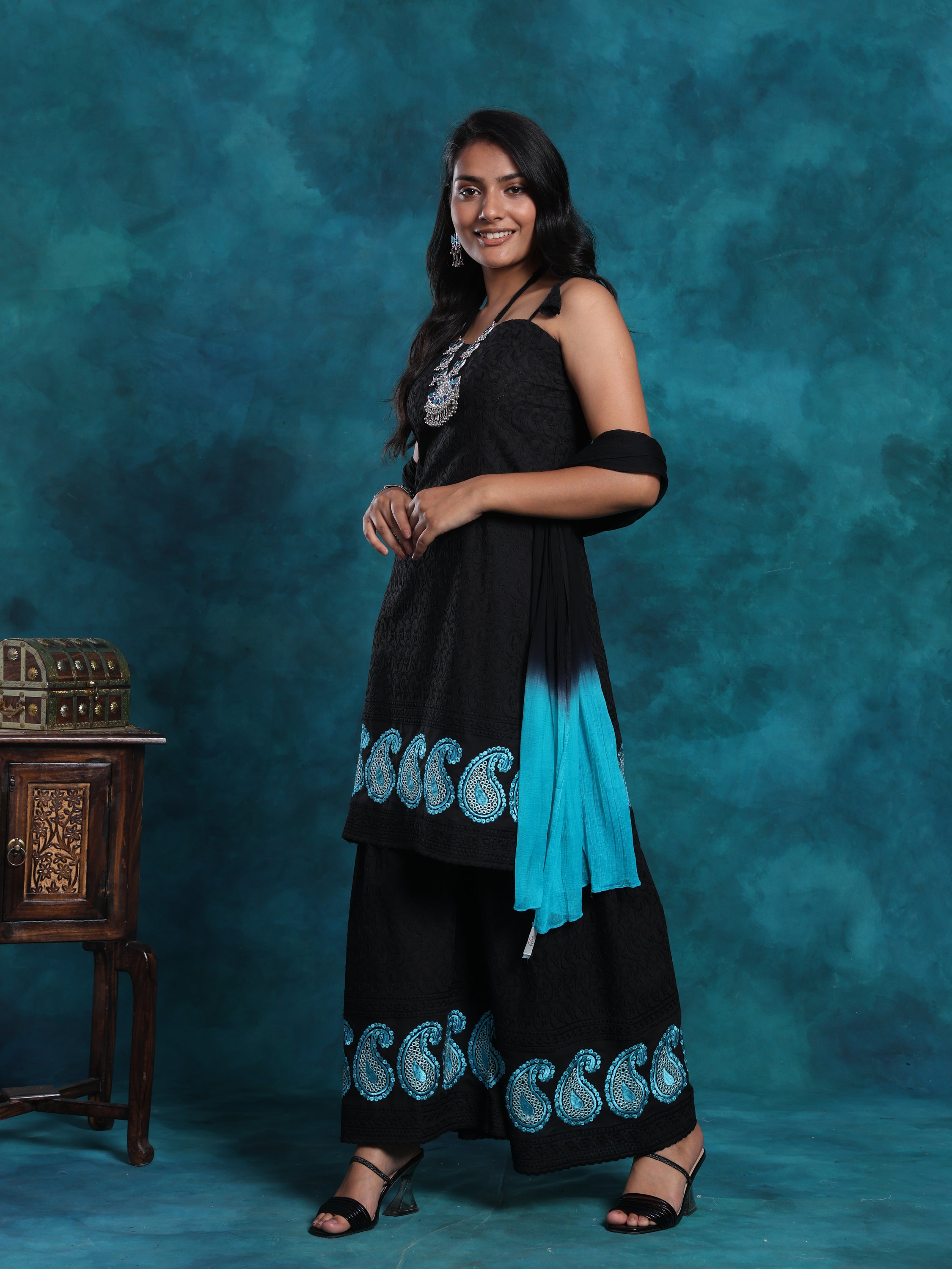 Black & Blue Schiffly Chikankari Embroidered Gharara Set