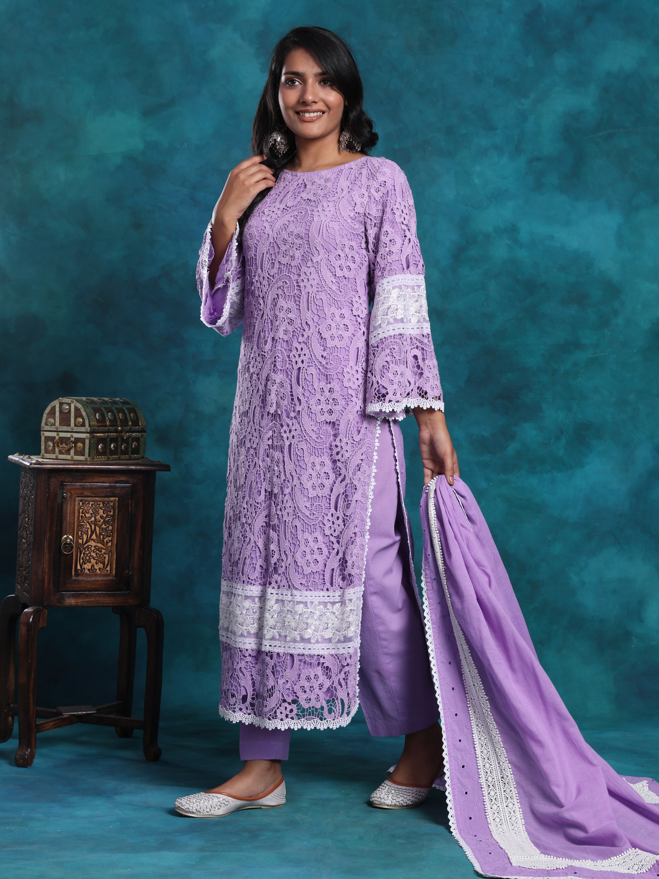 Mauve With White Pakistani Style Schiffly Chikan Suit In Cotton