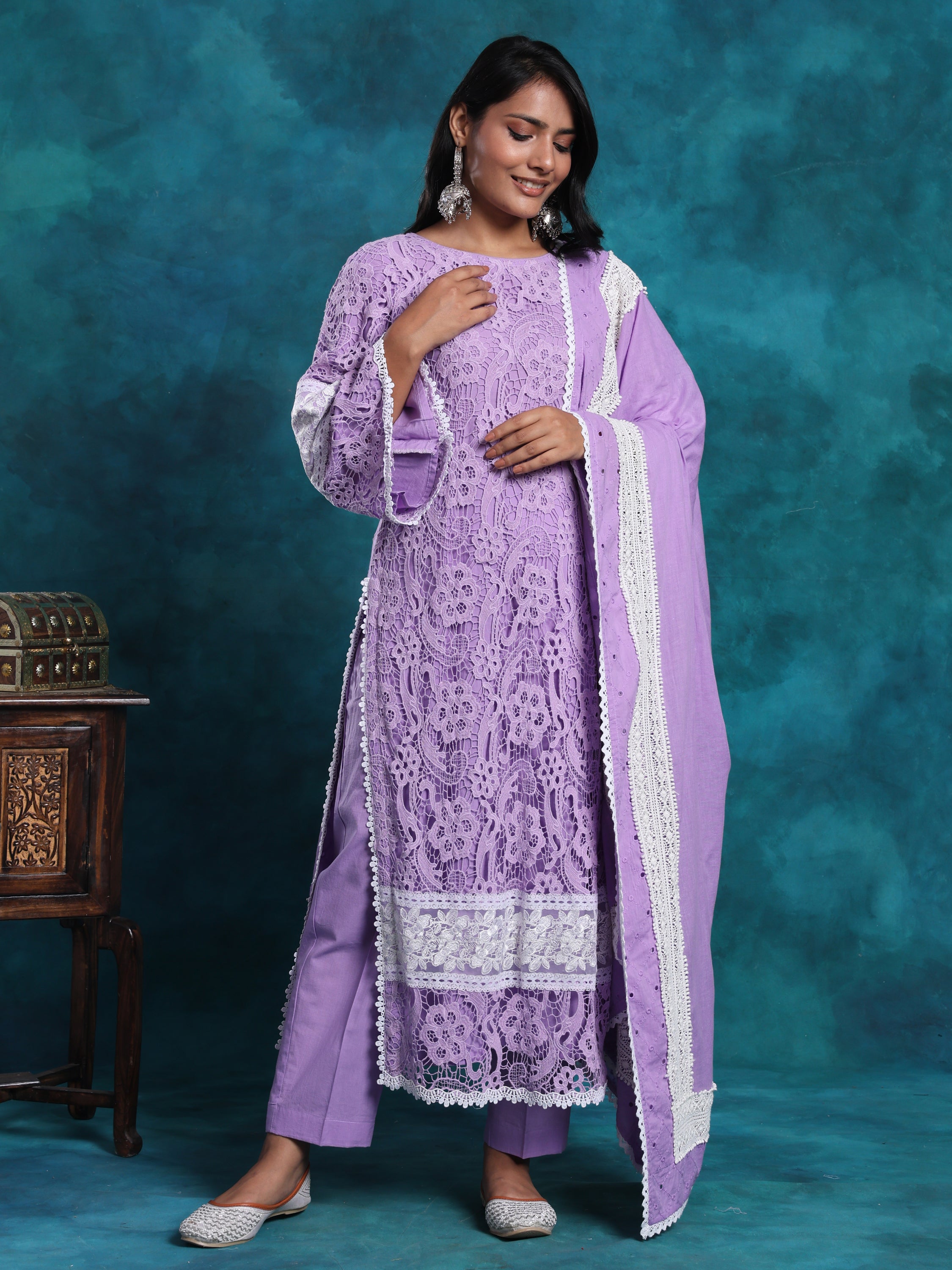 Mauve With White Pakistani Style Schiffly Chikan Suit In Cotton