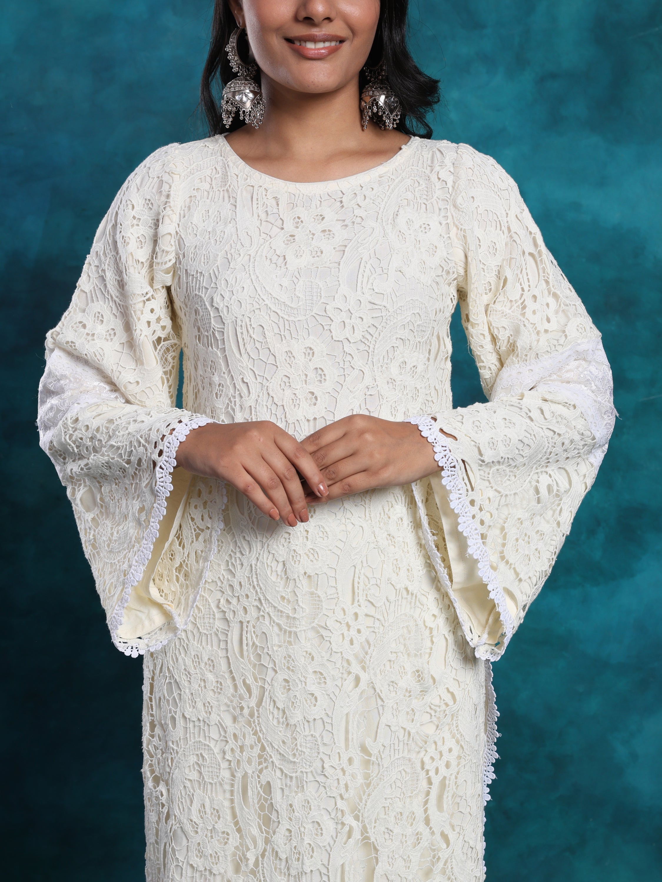 Ivory Pakistani Style Schiffly Chikan Suit In Cotton