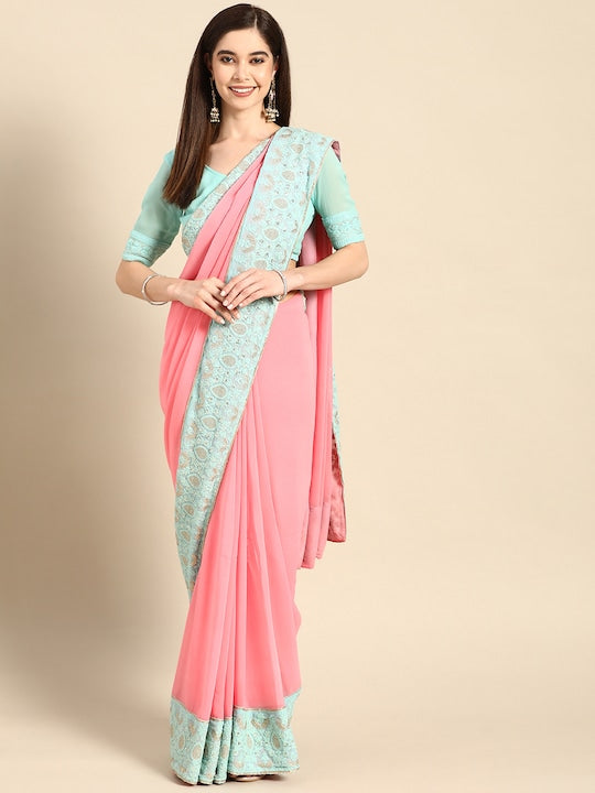 elegant sarees, chikankari sarees, lucknowi chikan sarees, pure organza sarees, organza sarees, party wear sarees, elegant simple sarees, parent teacher meeting sarees, bordered sarees, peach organza sarees, pastel shades sarees, light color sarees, simple look sarees, party wear sarees, organza sarees, chicken, chickenkari, chicken saree, lucknowi chikankari saree, saree