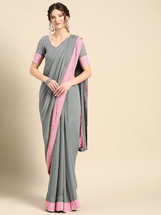 Saadgi Chikankari Bordered Steel Gray zari work Pure Organza Saree, party wear sarees, organza sarees, chicken, chickenkari, chicken saree, lucknowi chikankari saree, saree