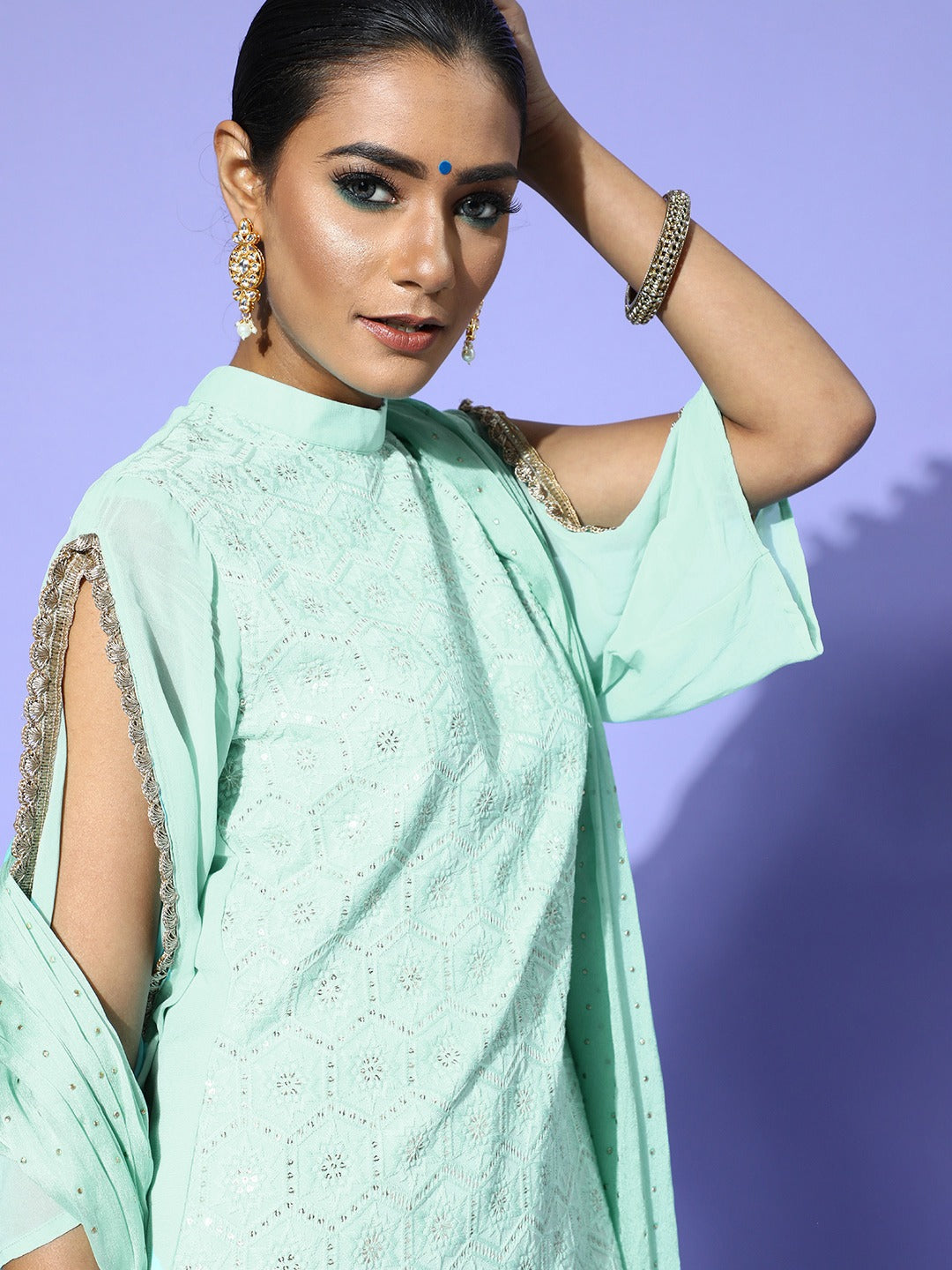 Saadgi embroidered  seafoam green premium suit set with dupatta(set of 3)