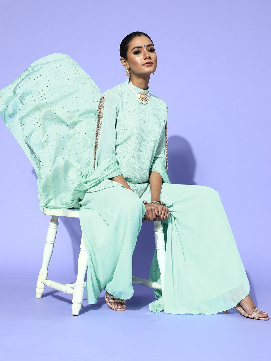 Saadgi embroidered  seafoam green premium suit set with dupatta(set of 3)