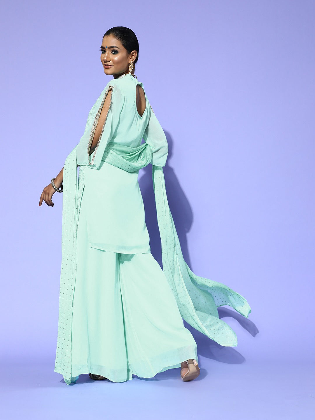 Saadgi embroidered  seafoam green premium suit set with dupatta(set of 3)