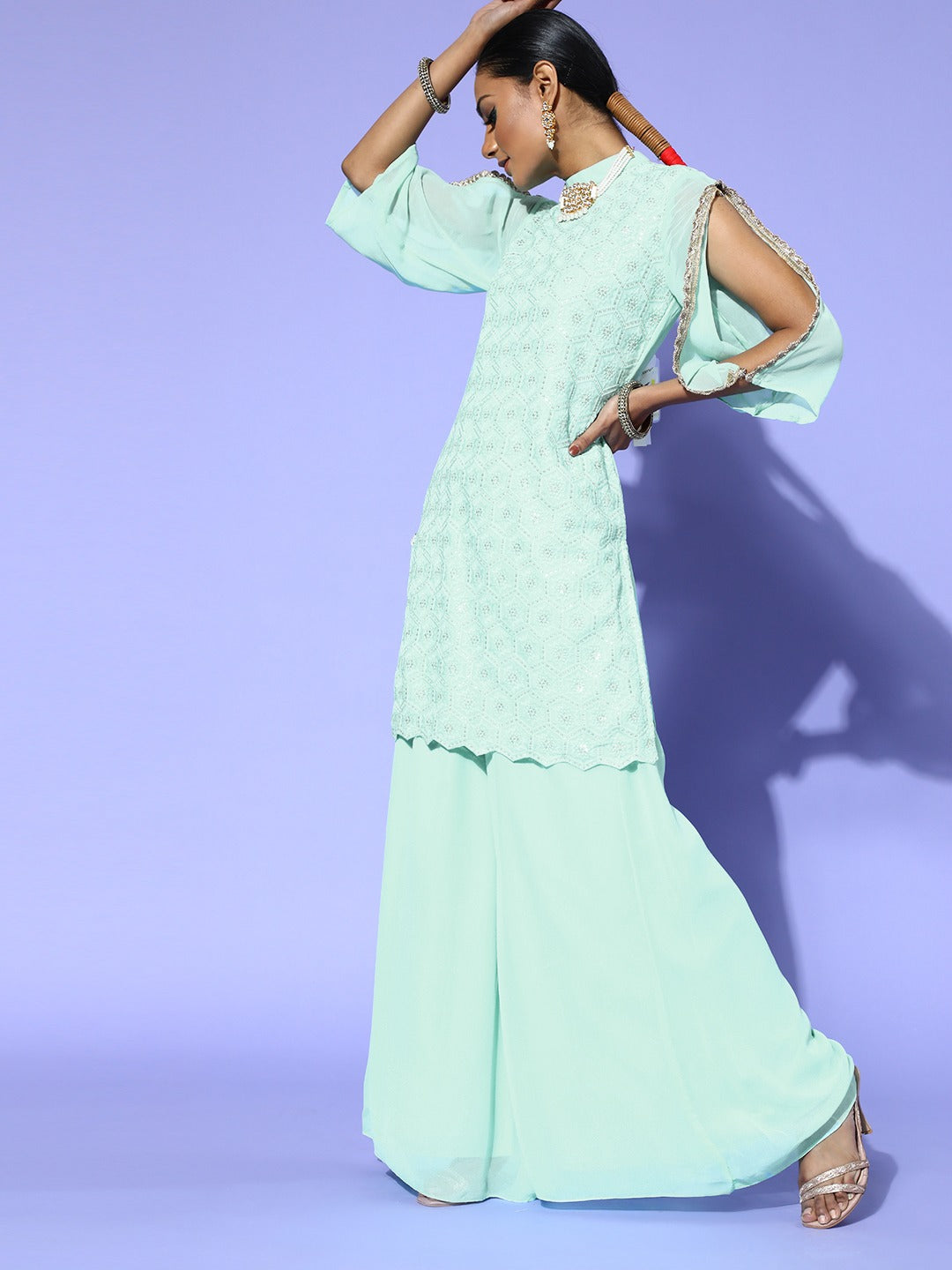 Saadgi embroidered  seafoam green premium suit set with dupatta(set of 3)