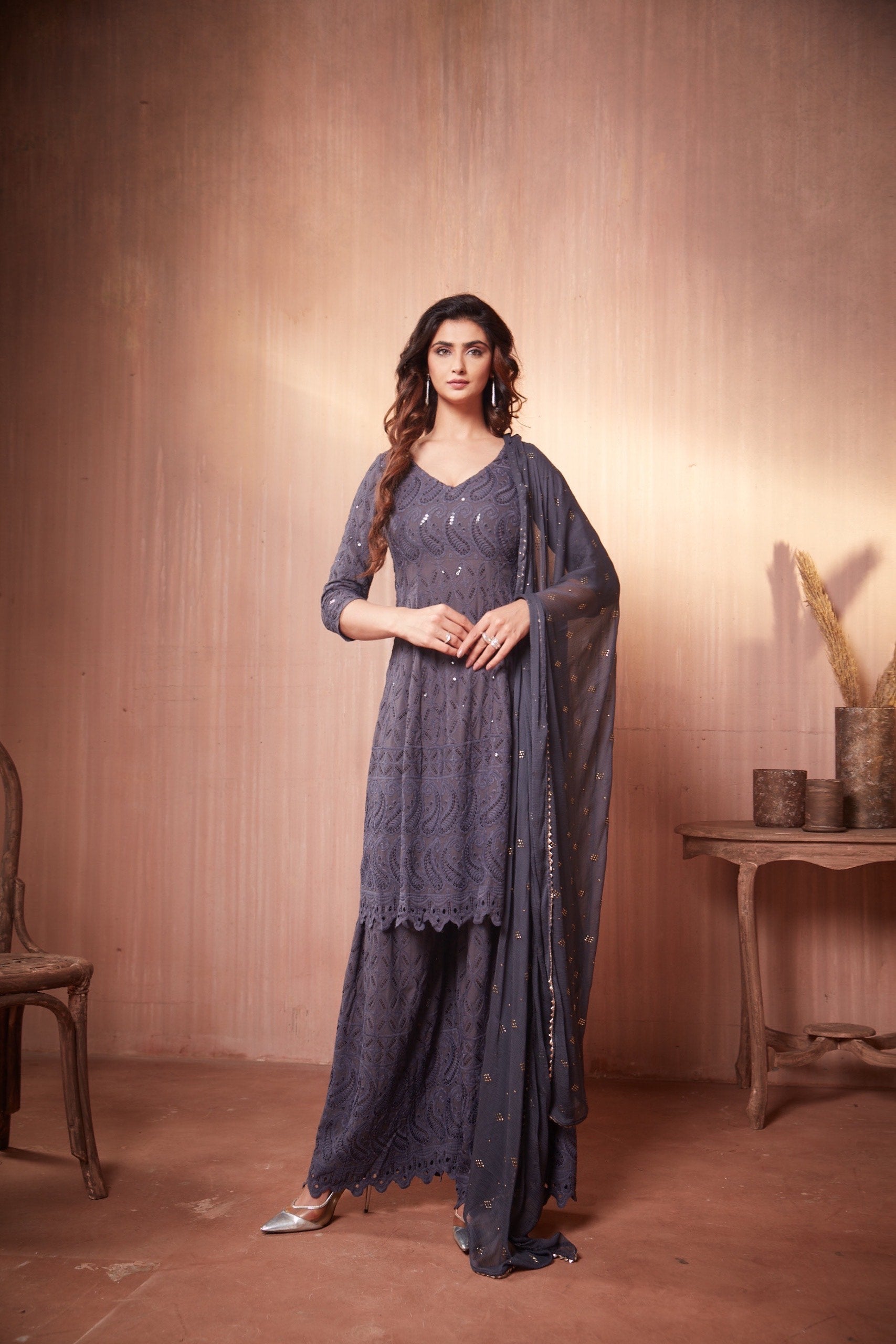 Nikita Sharma's Grey Rayon Schiffly embellished sequin Gharara set (3 Piece set)