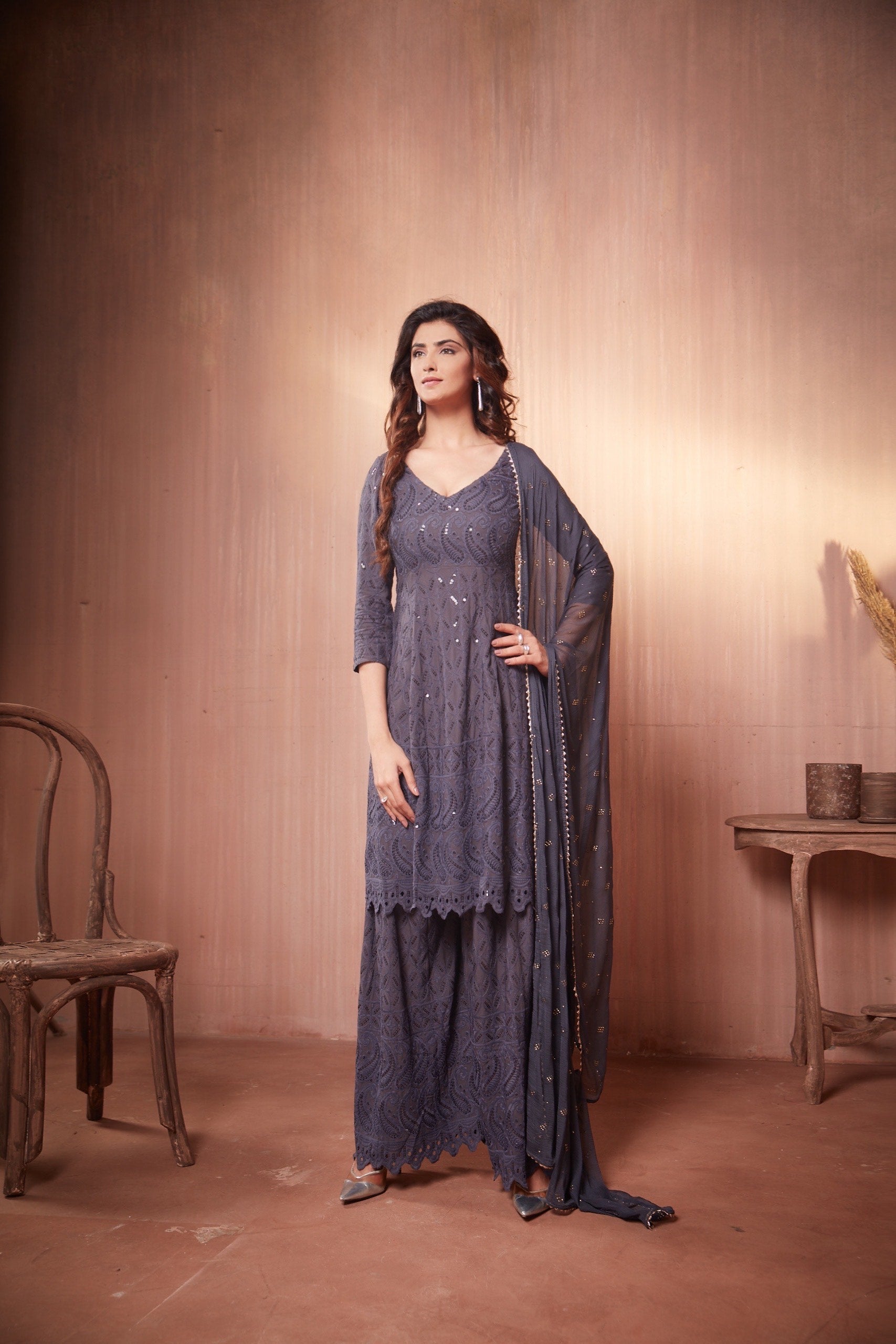 Nikita Sharma's Grey Rayon Schiffly embellished sequin Gharara set (3 Piece set)