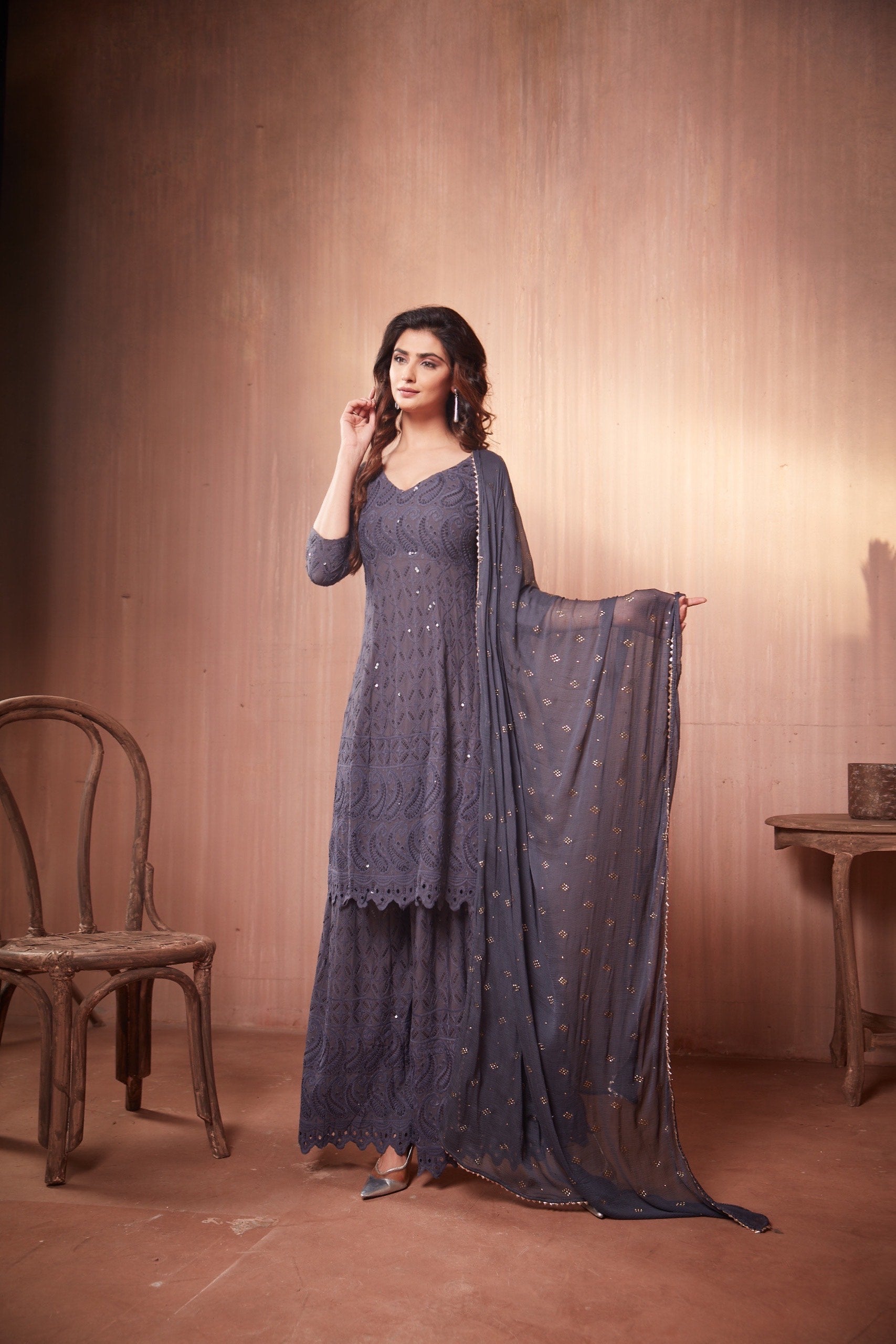 Nikita Sharma's Grey Rayon Schiffly embellished sequin Gharara set (3 Piece set)