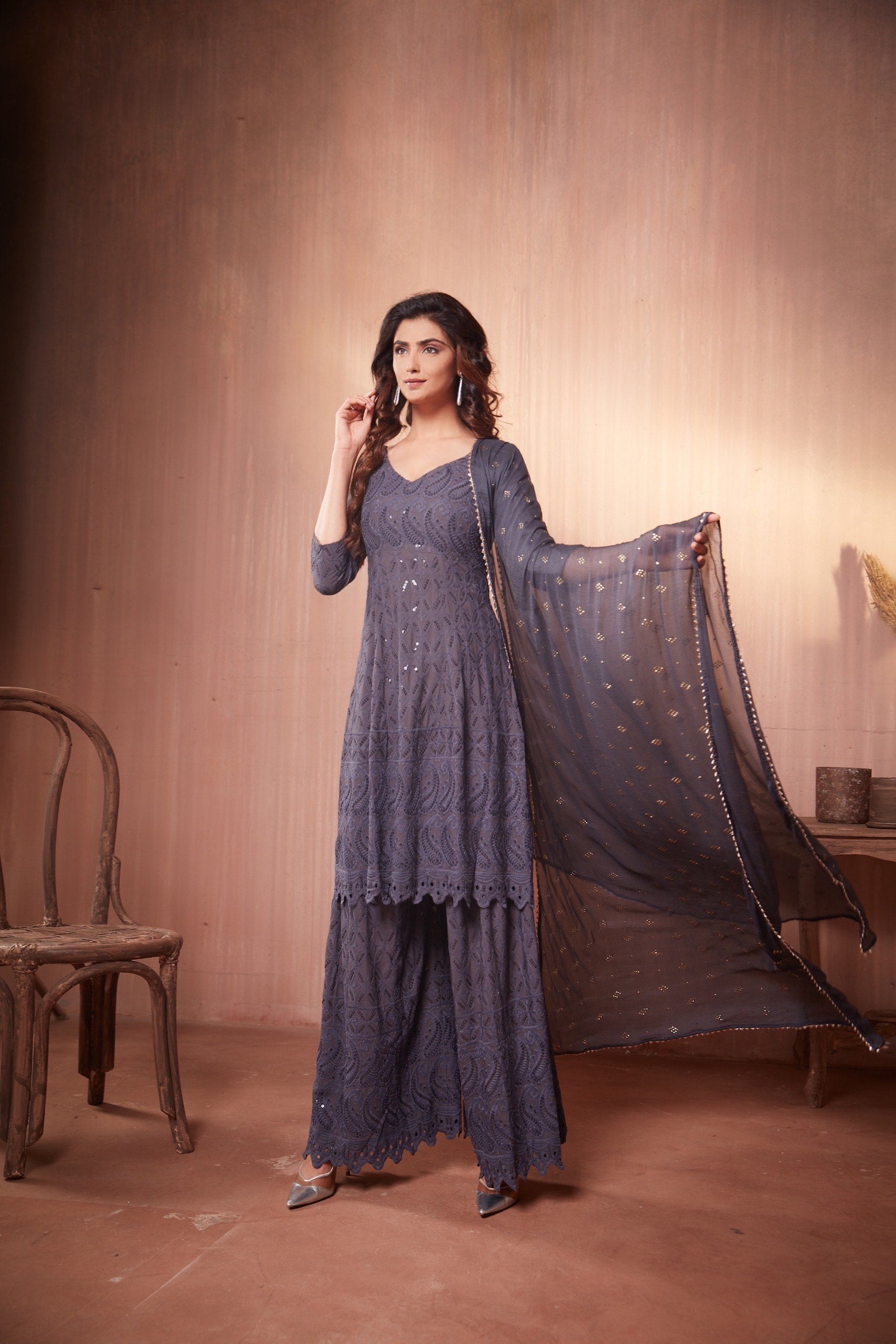 Nikita Sharma's Grey Rayon Schiffly embellished sequin Gharara set (3 Piece set)