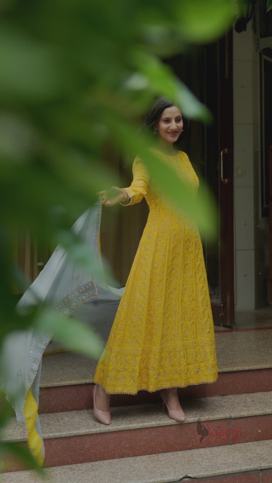 Mustard Handcrafted Chikankari Anarkali set with Gota Patti work