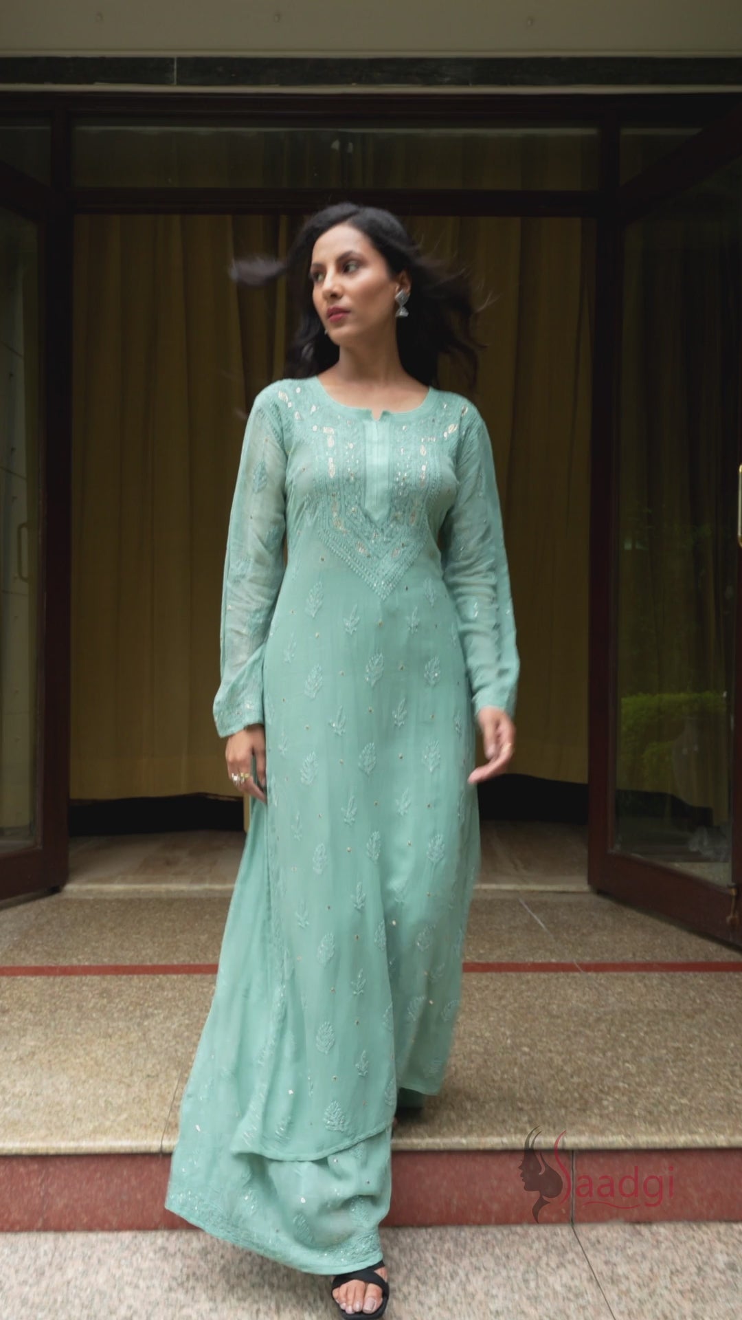 Saadgi hand embroidered chikankari pine green Mukaish rings work kurta with palazzo