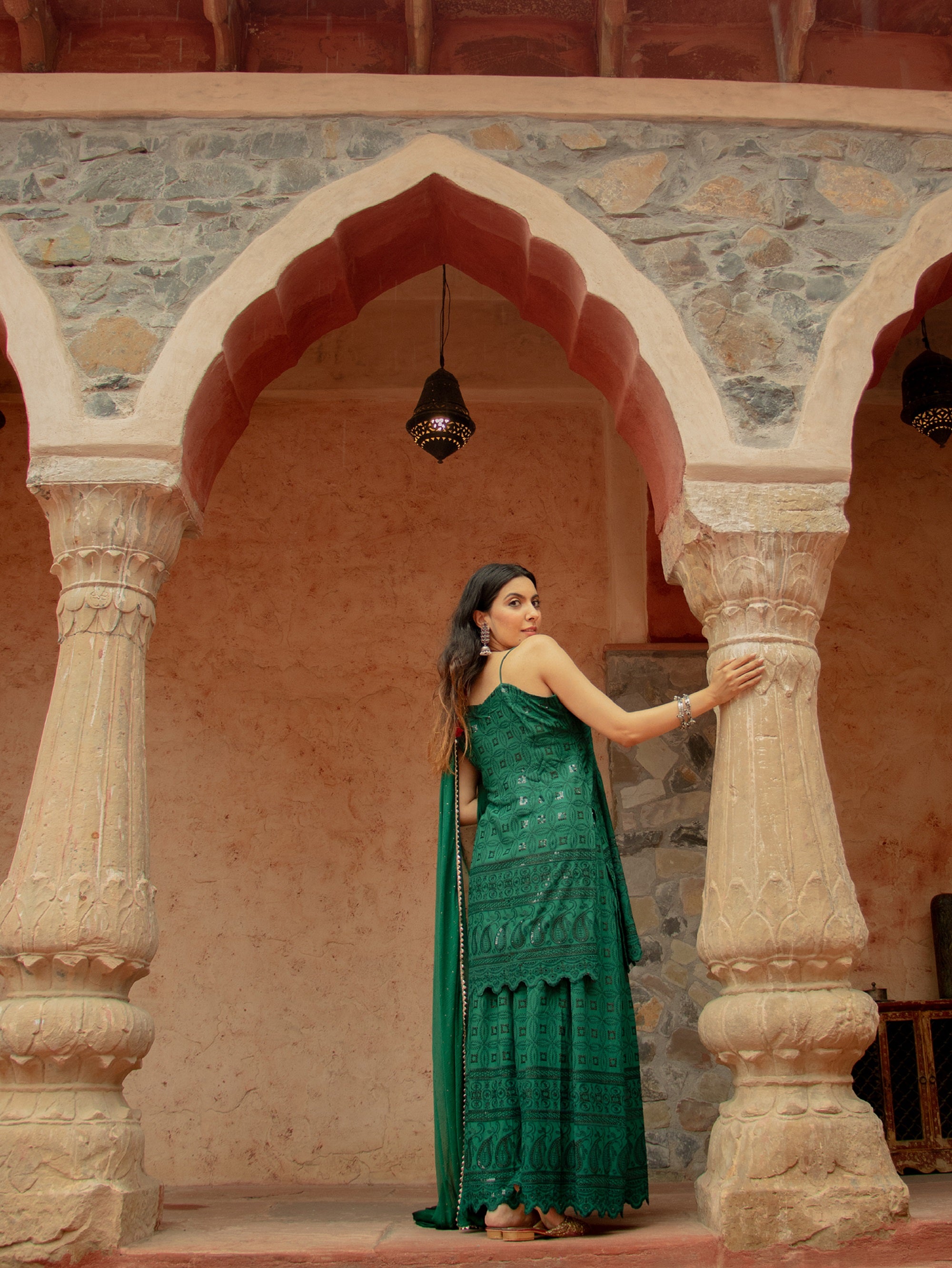 Saadgi designer set is crafted from high-quality  aachho rayon sequin chikankari, giving it a beautiful shimmer with rainbow sequin. Lined with pure crape and featuring a dupatta with Gotta Patti and mukaish work all over, chicken, chikan kurti, chikan suit, chikankari kurta for women, chikankari kurta, chikankari kurta set, chikankari short kurti, chikankari suit set, gharara, chikankari suits, hand crafted, lakhnavi kurti, lucknowi chikankari kurti, lucknowi kurti, lucknowi chikankari saree