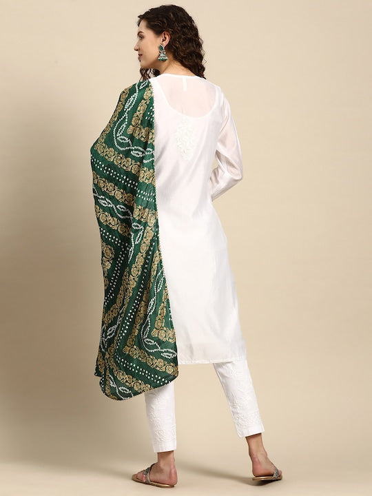 Saadgi Chikankari Handcrafted White Chanderi Silk set with Chikankari Pants & Bandhej Dupatta (3 piece set)