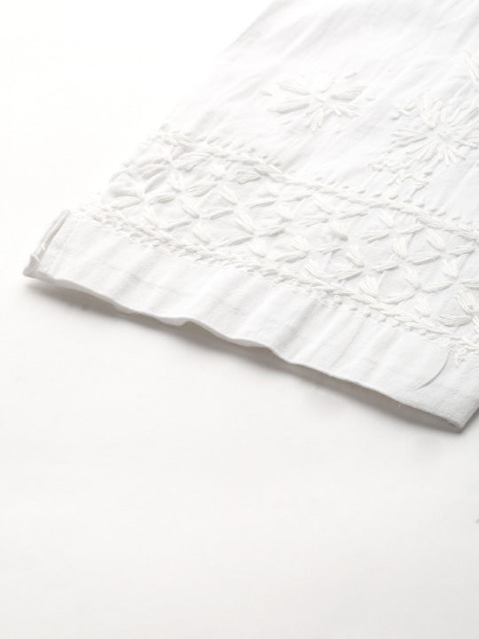 Saadgi Chikankari Handcrafted White Chanderi Silk set with Chikankari Pants & Bandhej Dupatta (3 piece set)