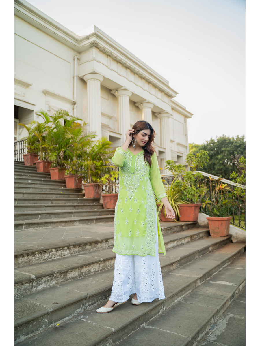 Nikita Dhongdi's Neon Mirror Handcrafted Chikankari Kurta with Sharara ...