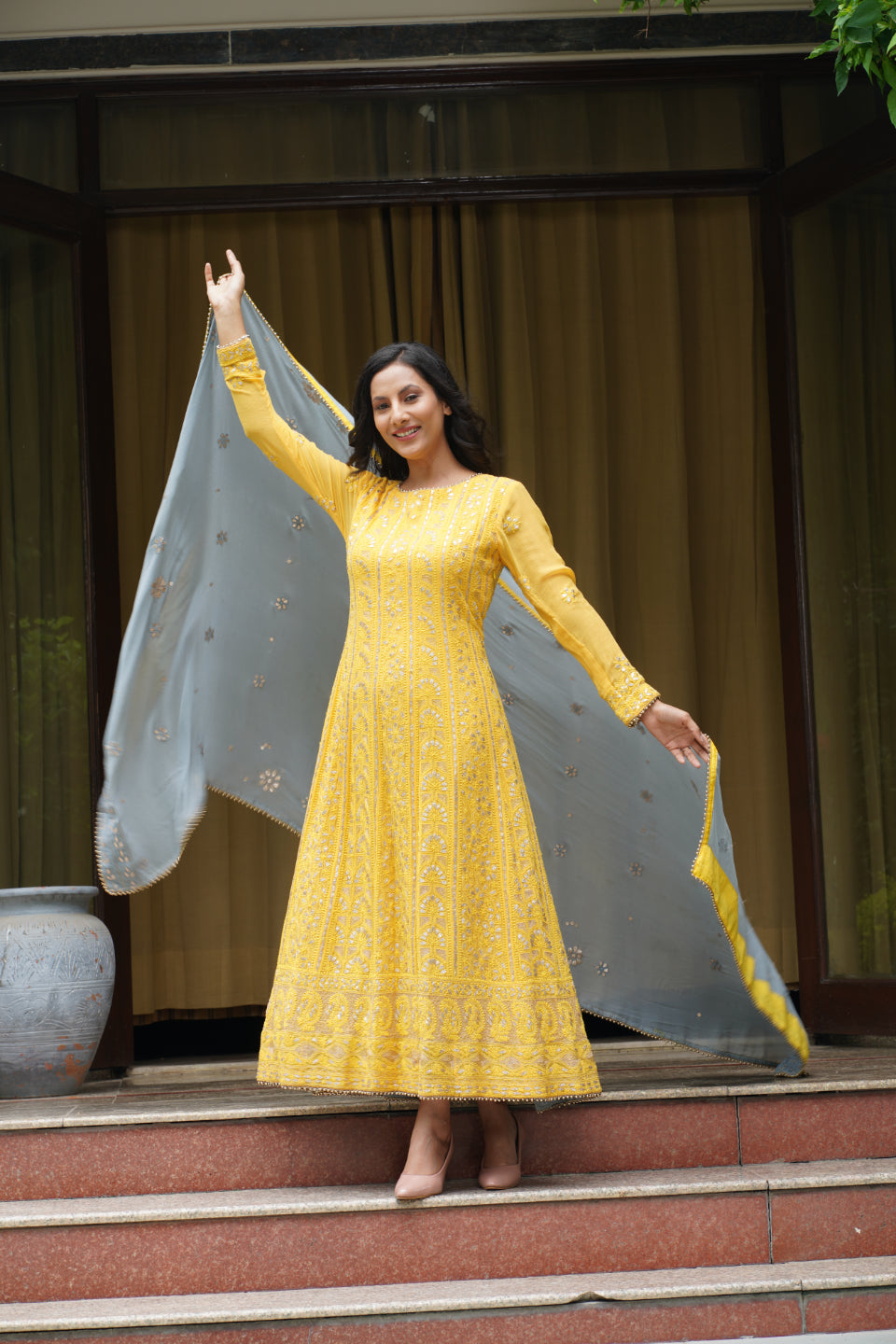 Mustard Handcrafted Chikankari Anarkali set with Gota Patti work