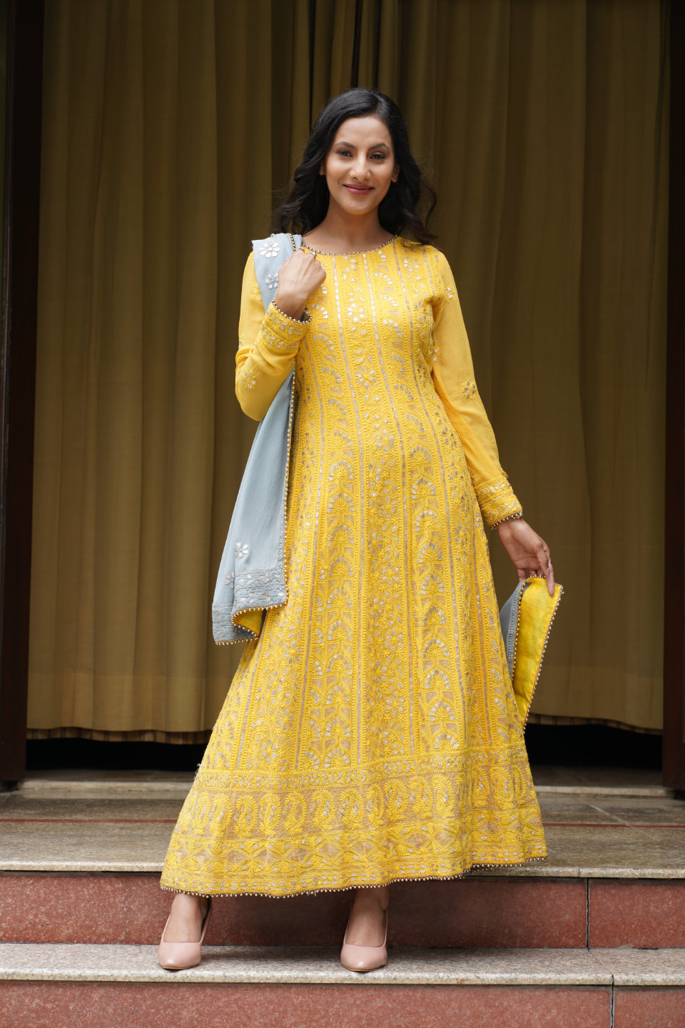 Mustard Handcrafted Chikankari Anarkali set with Gota Patti work