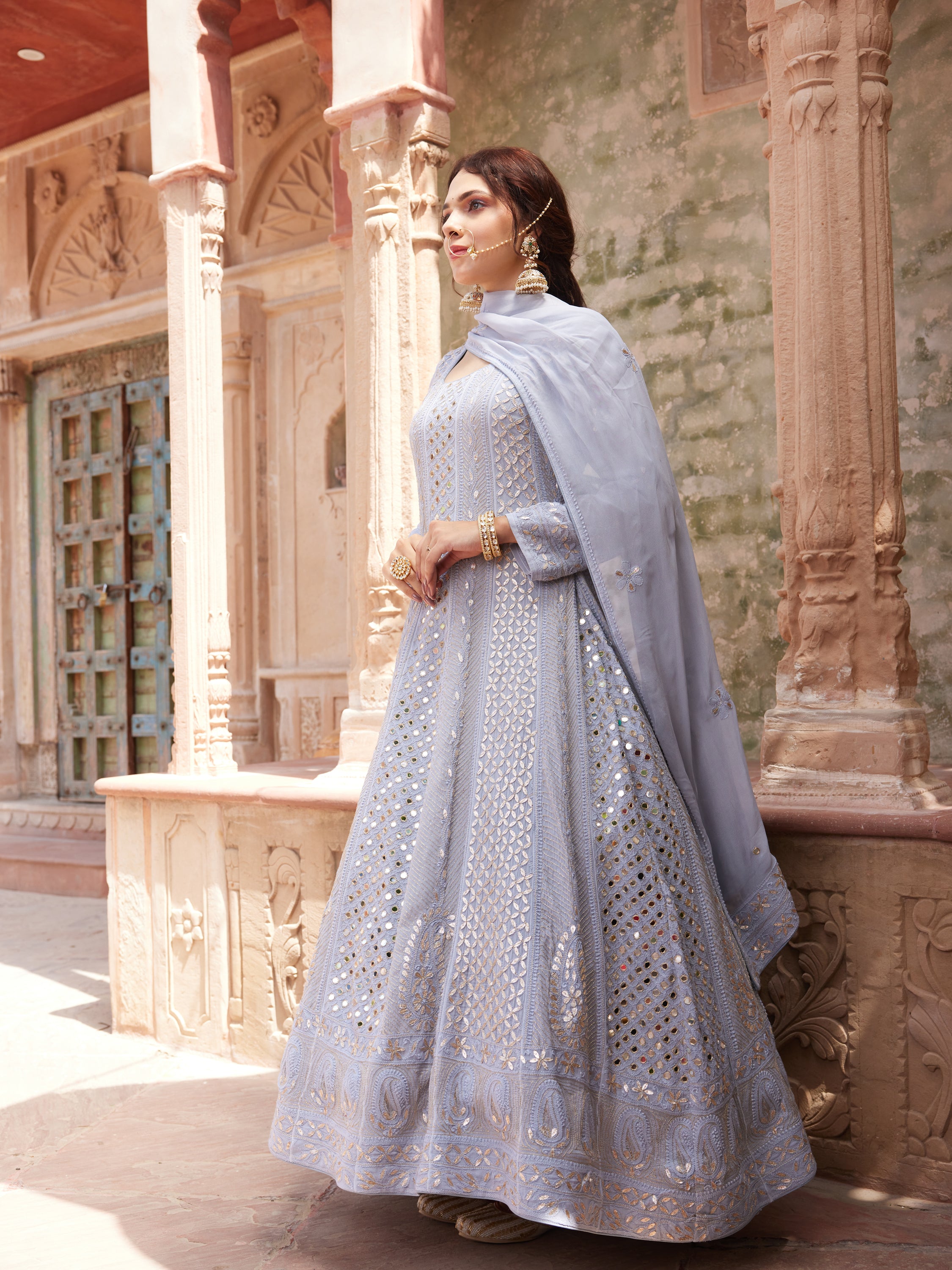 Powder Grey Mirror & Gota Patti Lucknowi Chikankari handcrafted Anarkali Suit