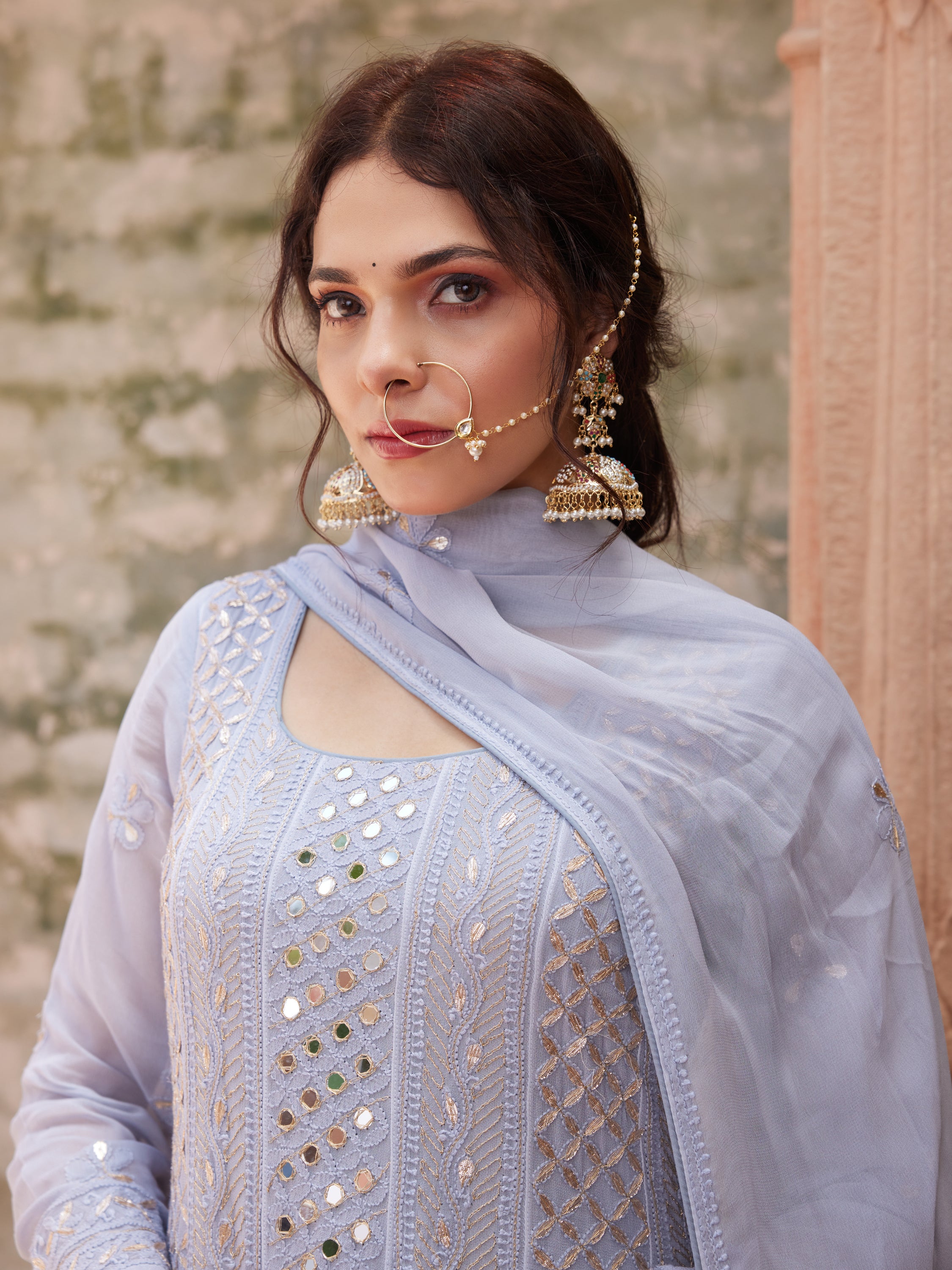 Powder Grey Mirror & Gota Patti Lucknowi Chikankari handcrafted Anarkali Suit