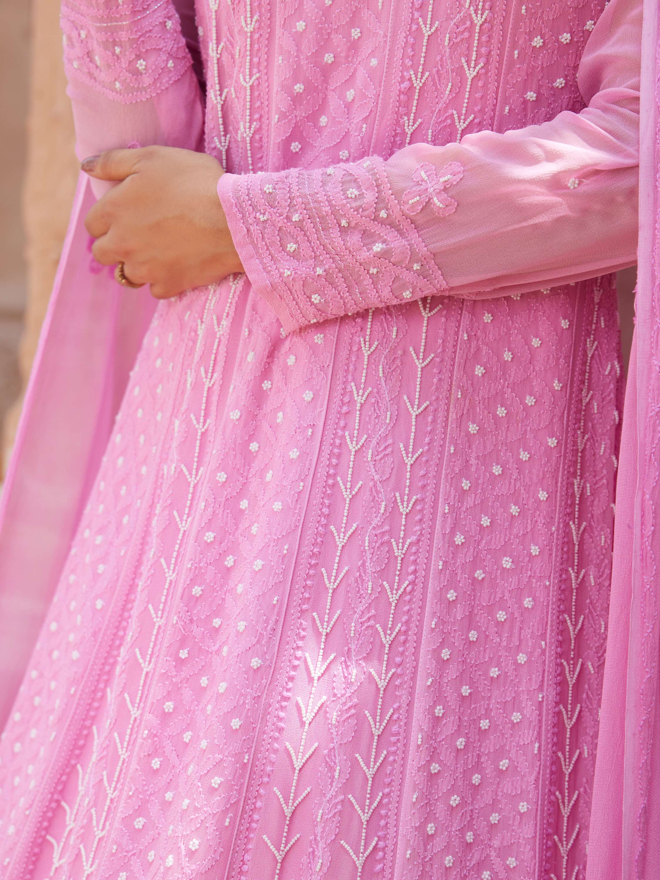 Rose Pink Pearl Chikankari Anarkali Suit
