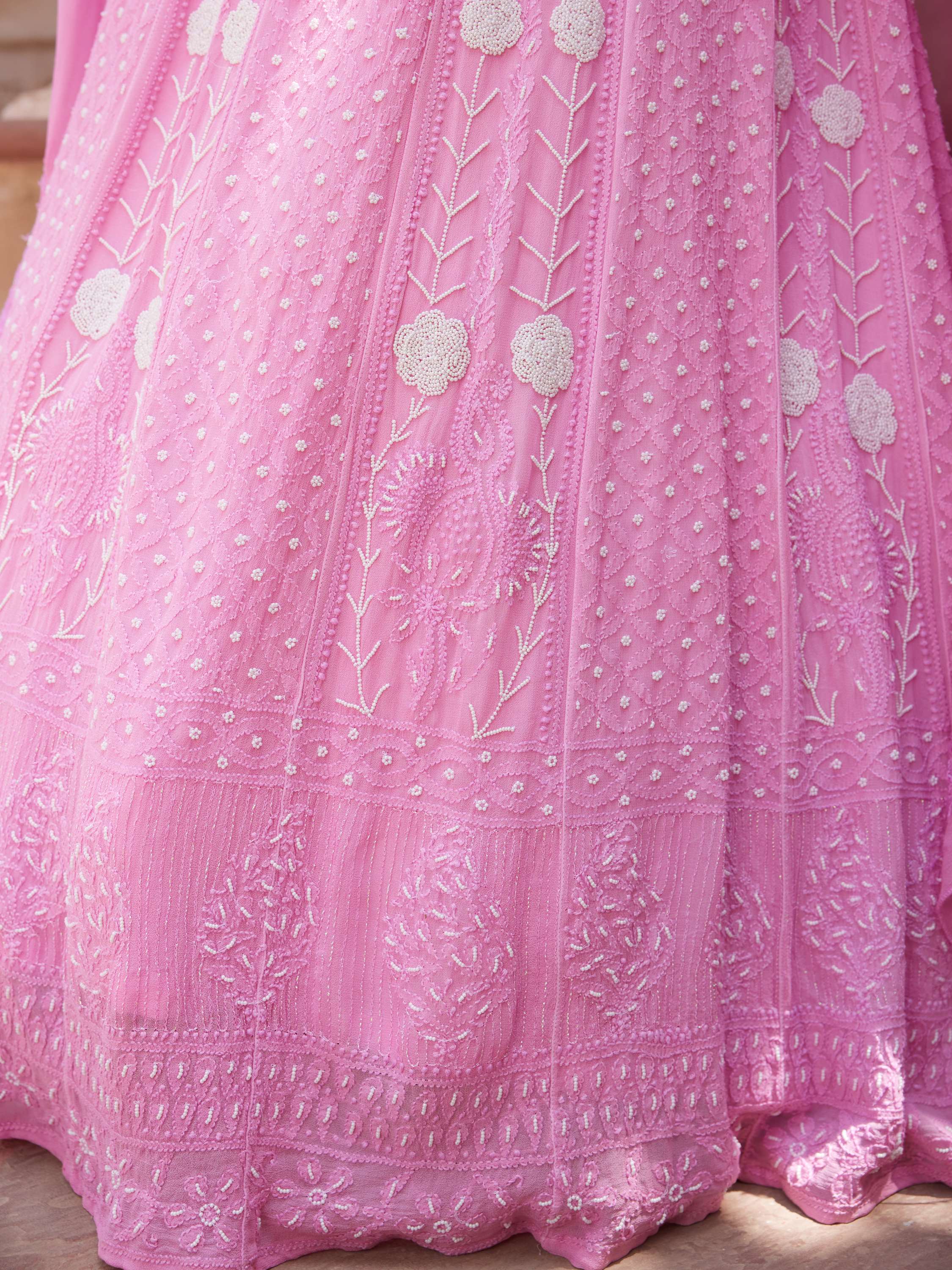 Rose Pink Pearl Chikankari Anarkali Suit