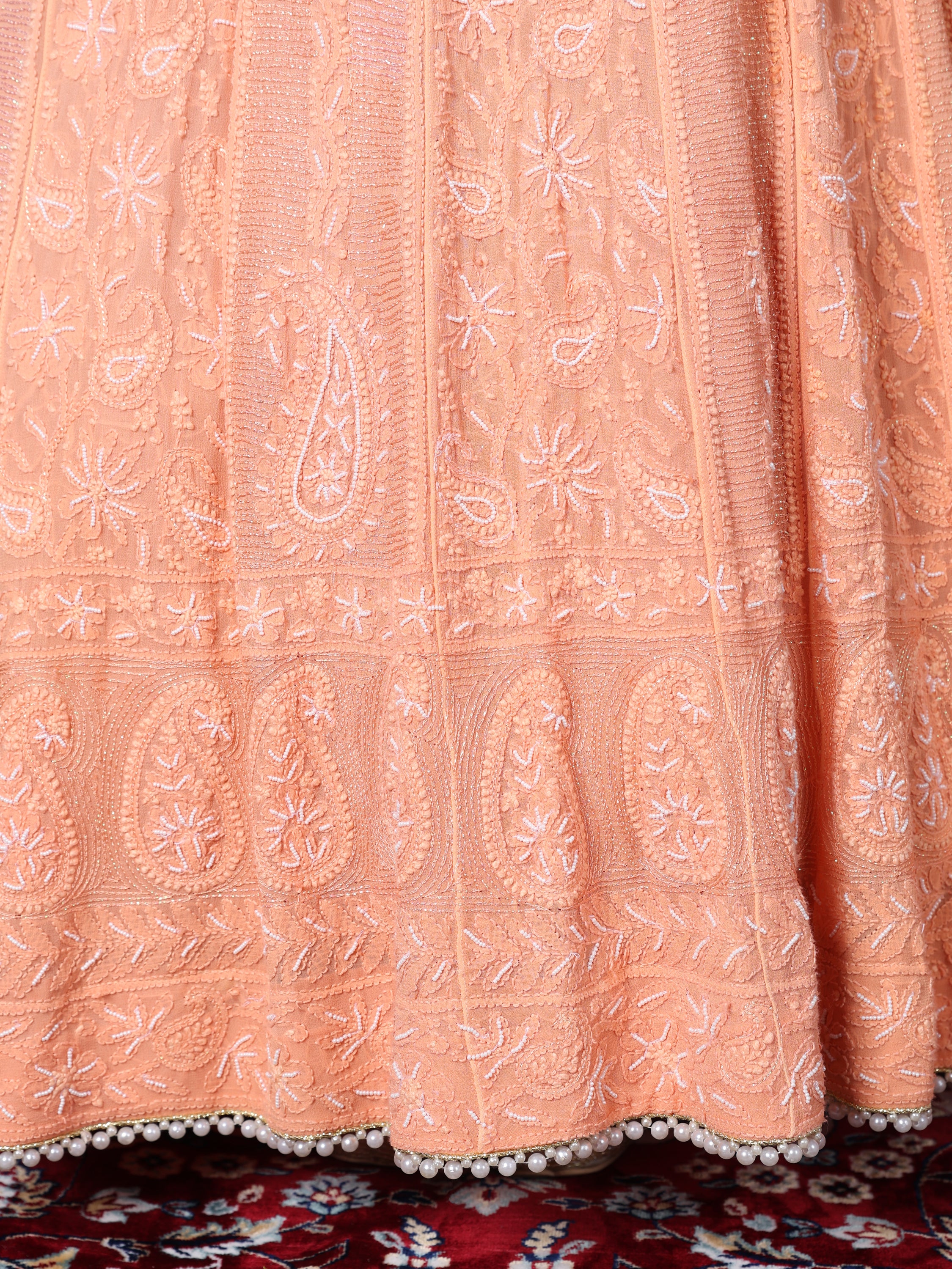 Apricot Peach Pearl Handwork Chikankari Anarkali Suit