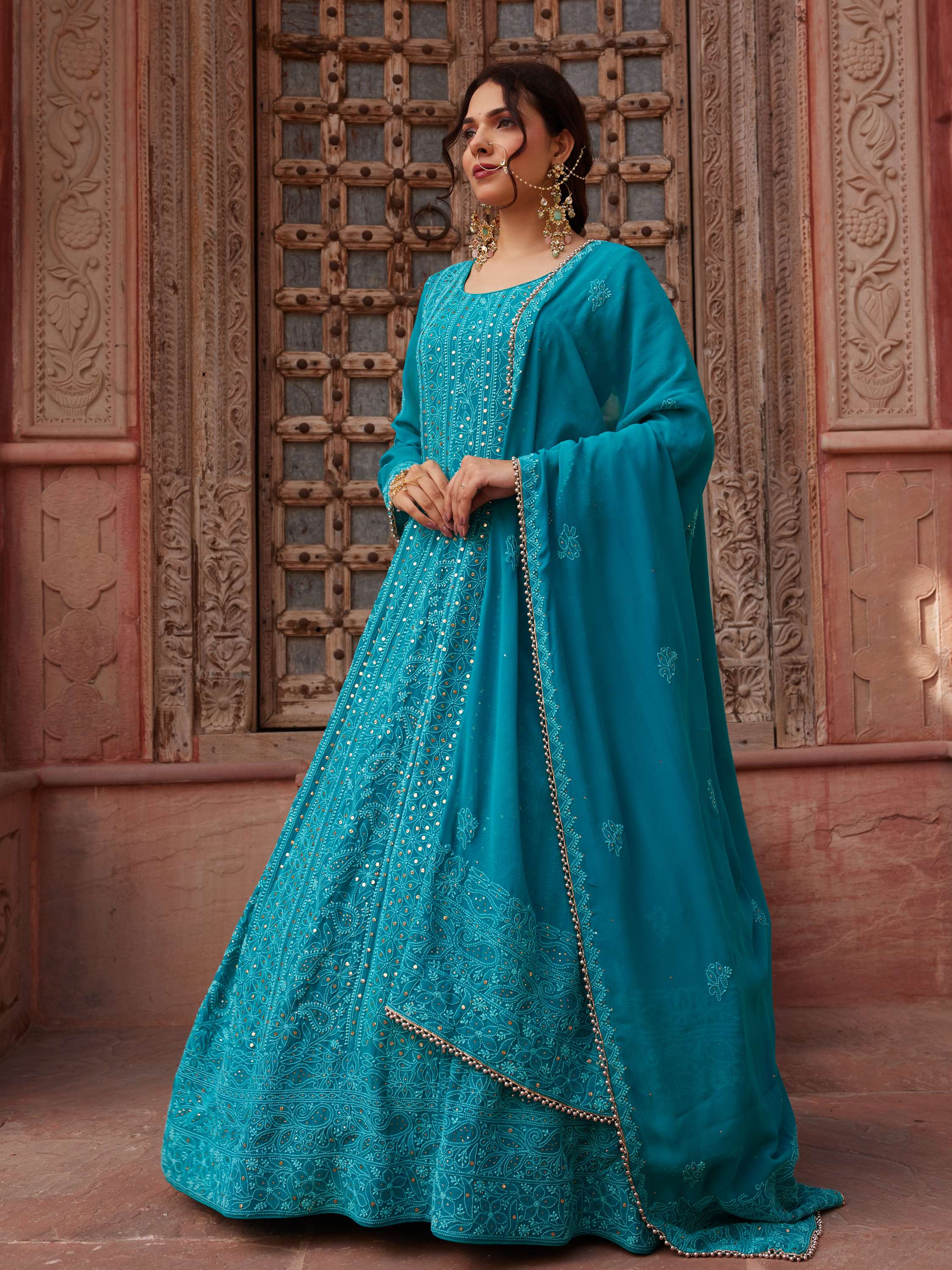 Cerulean Blue Kamdani & Mukaish Chikankari Handwork Anarkali Suit