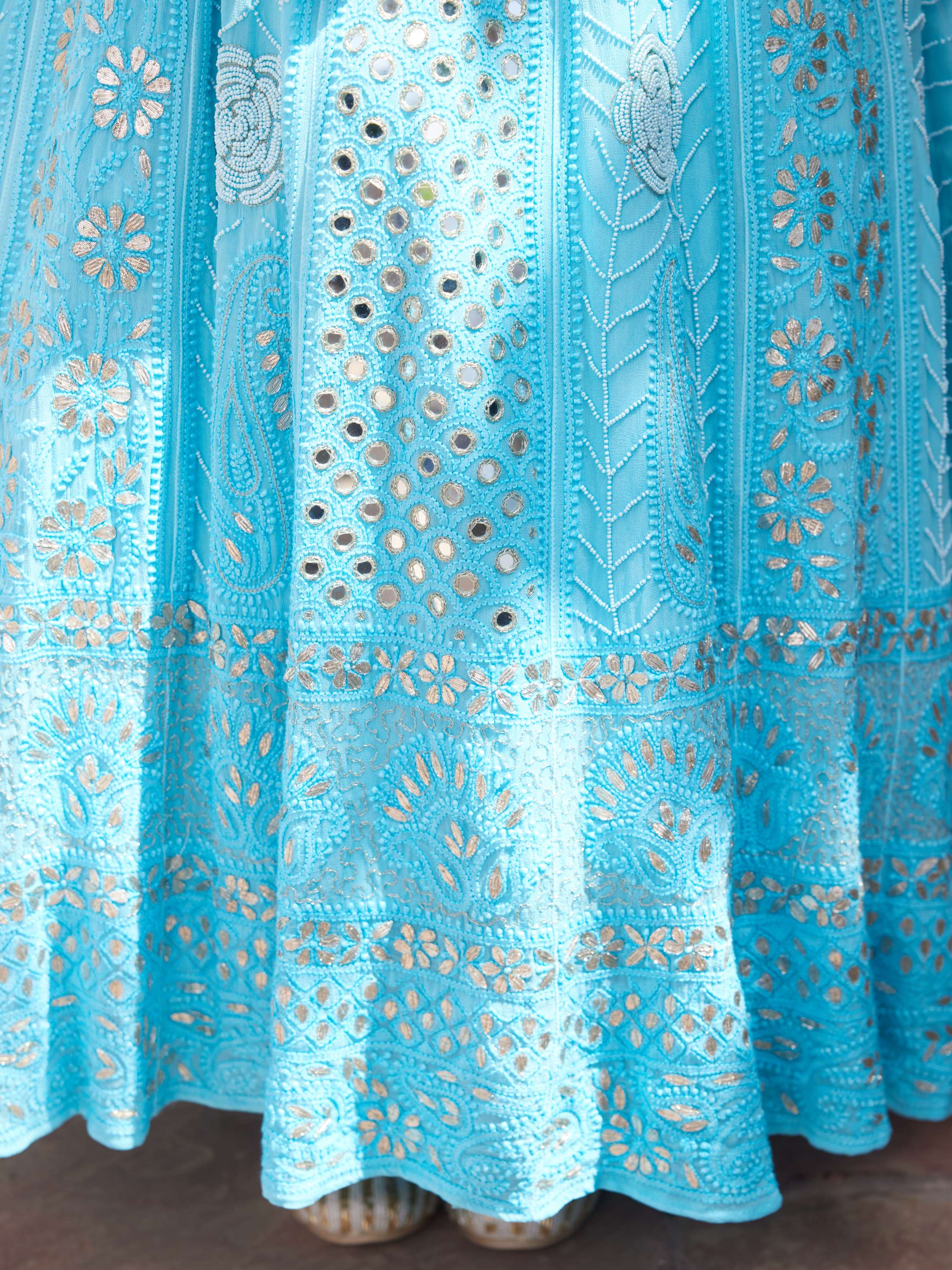 Azure Blue Gota Pearl Chikankari With Mirror Anarkali Suit