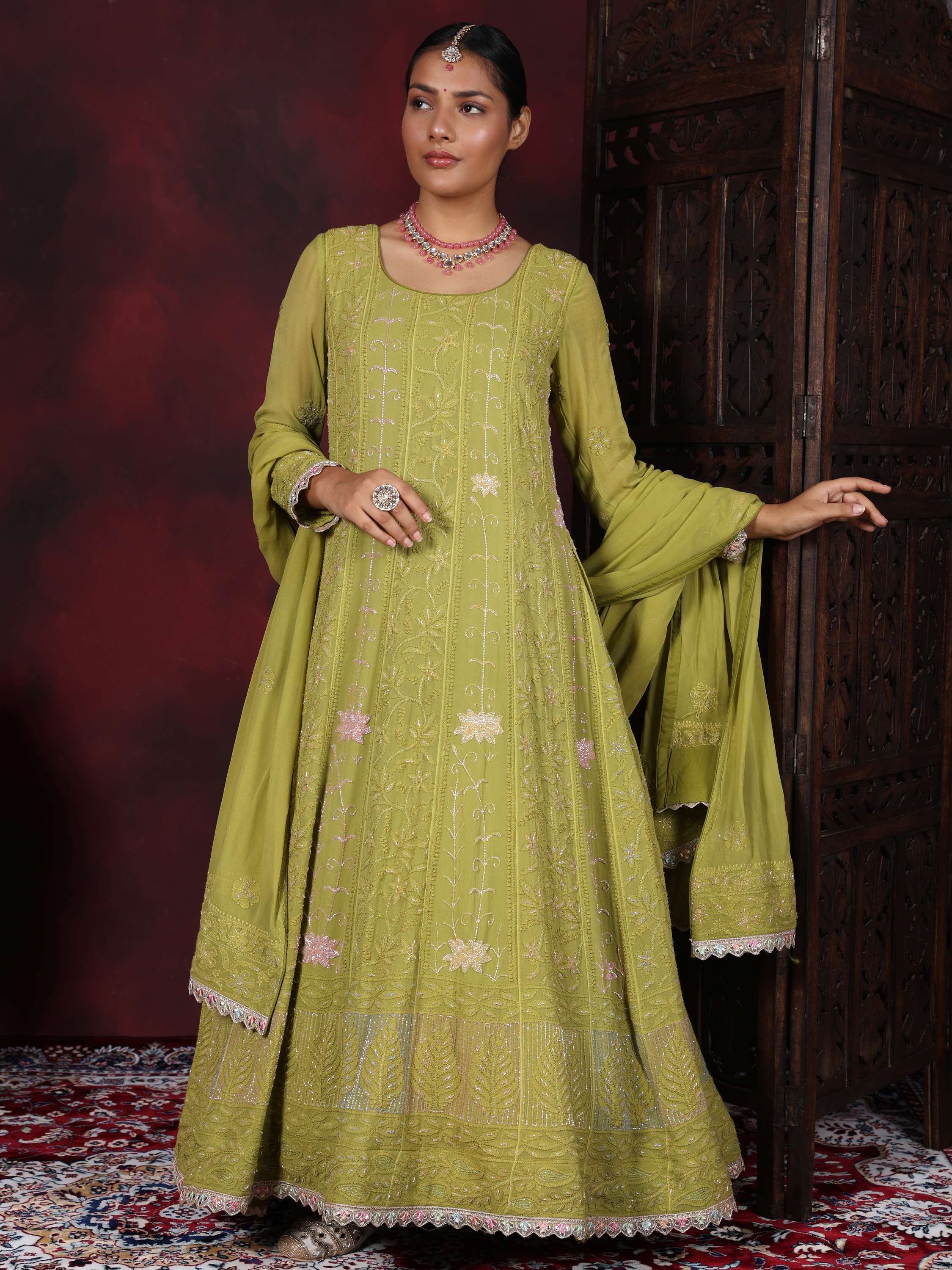 Pear Green Chikankari Pearl With Sequence Anarkali Suit