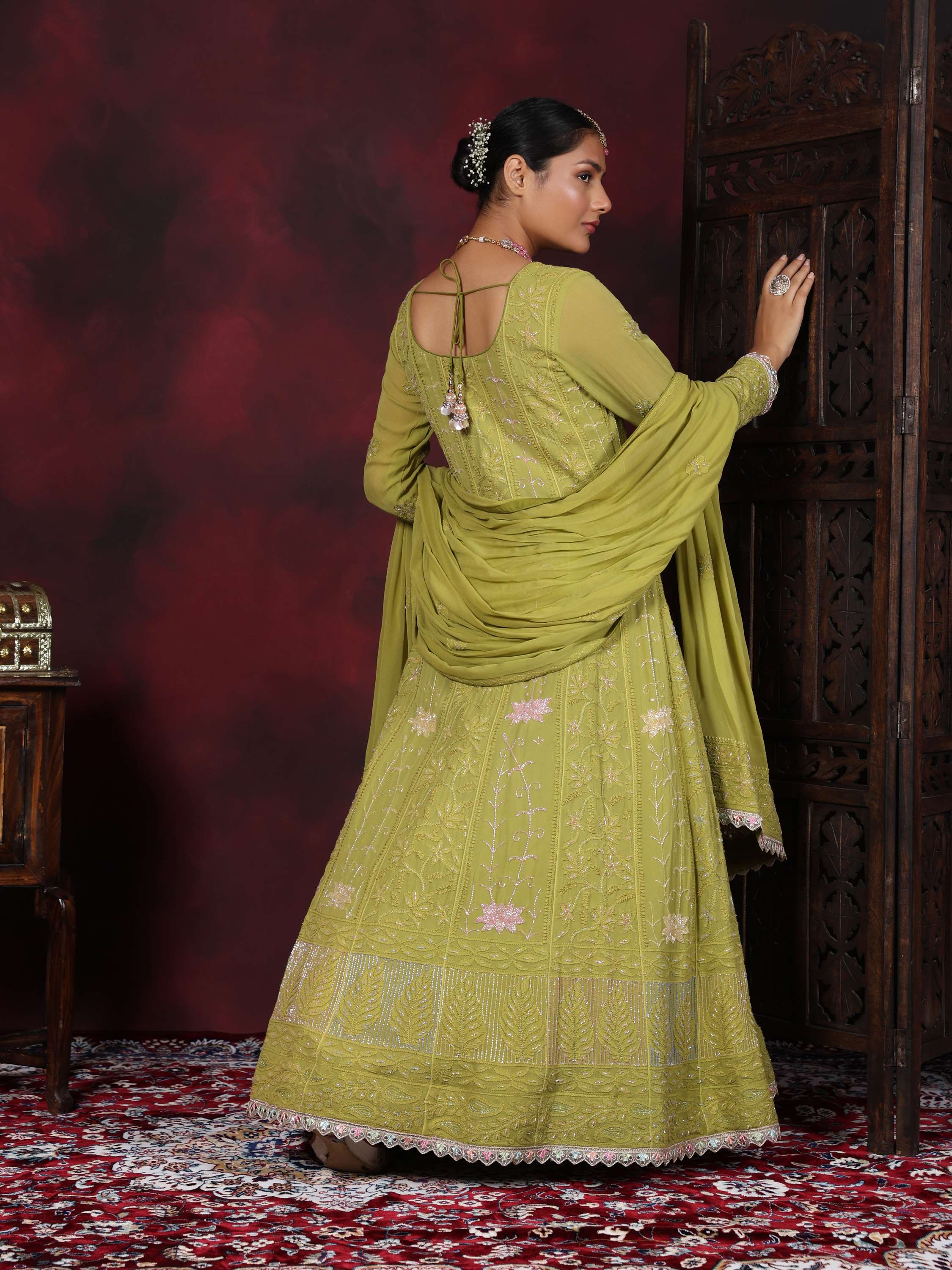 Pear Green Chikankari Pearl With Sequence Anarkali Suit