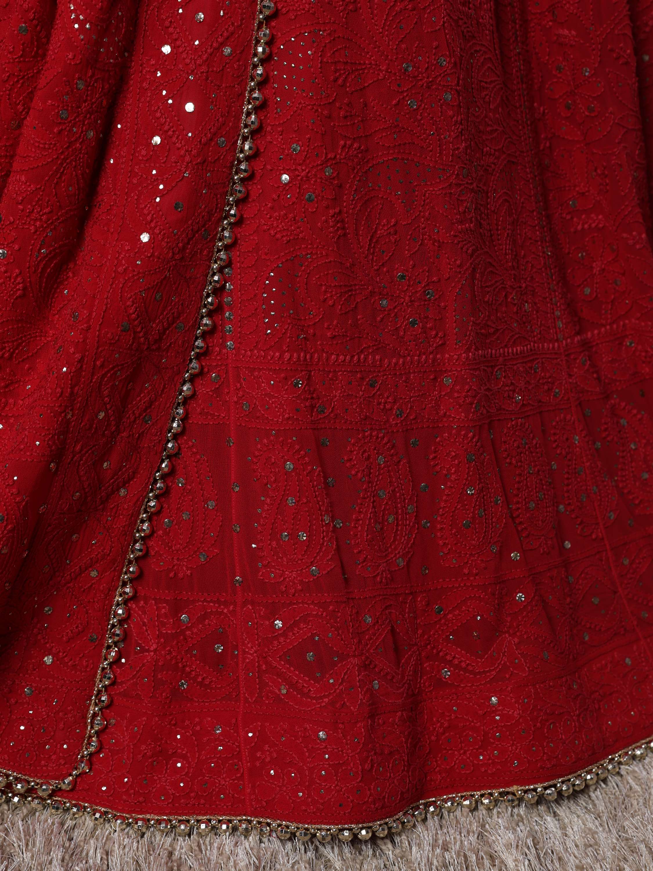 Crimson Red Handcrafted Chikankari Mukaish Lehenga Set