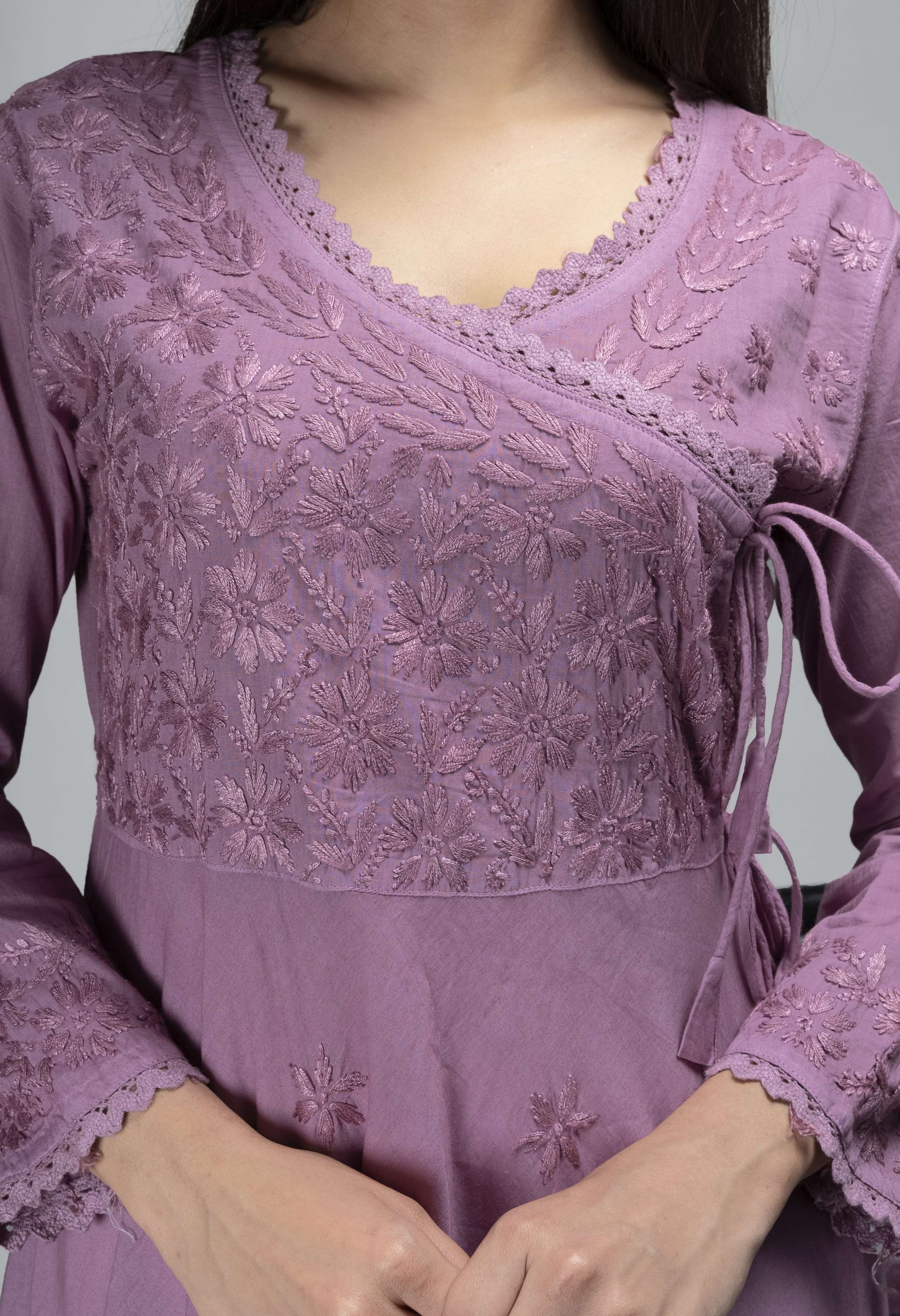 Lavender Handembroidered Chikankari Pure Cotton Gown