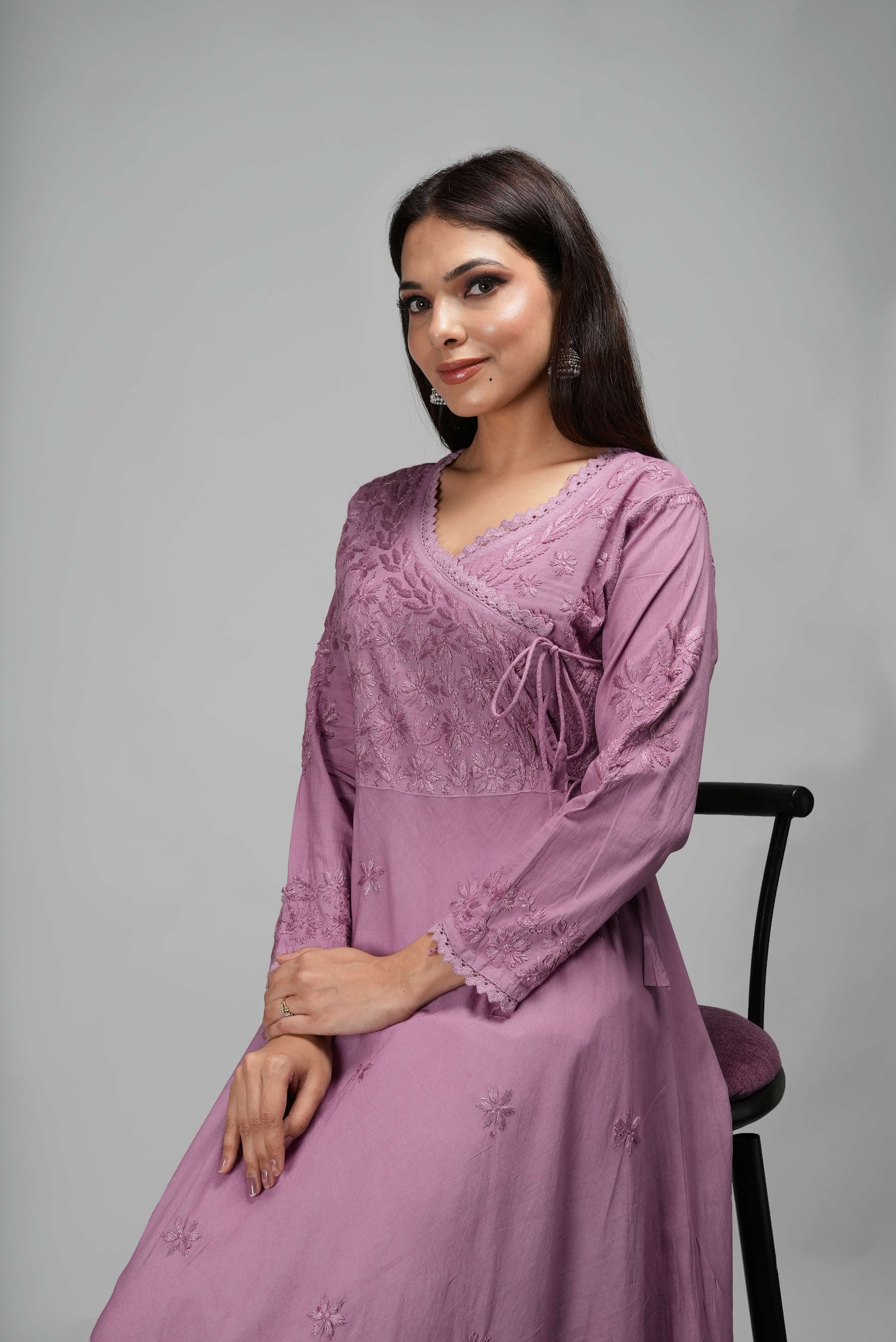 Lavender Handembroidered Chikankari Pure Cotton Gown