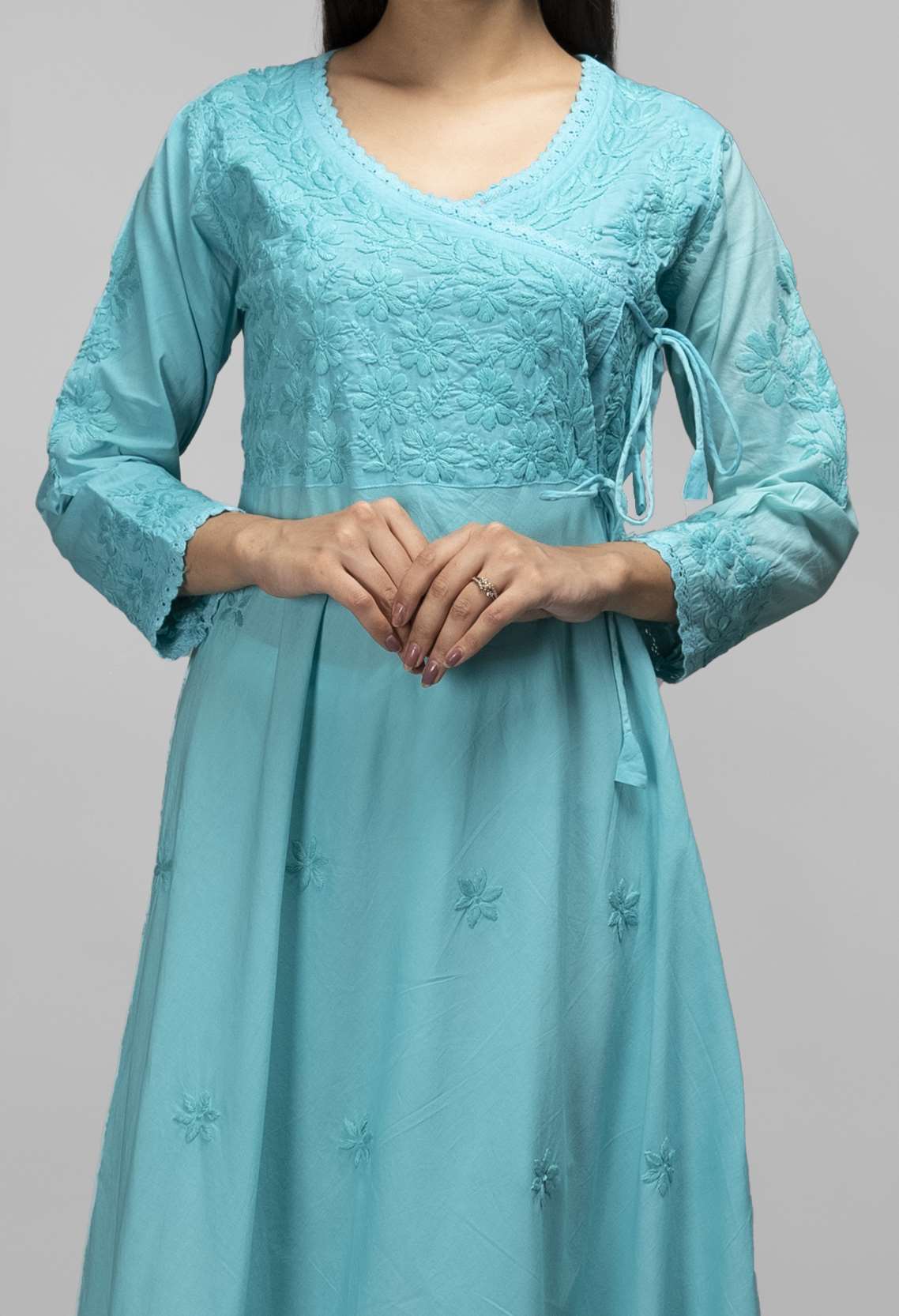 Turquoise Blue Hand Embroidered Chikankari Cotton Gown
