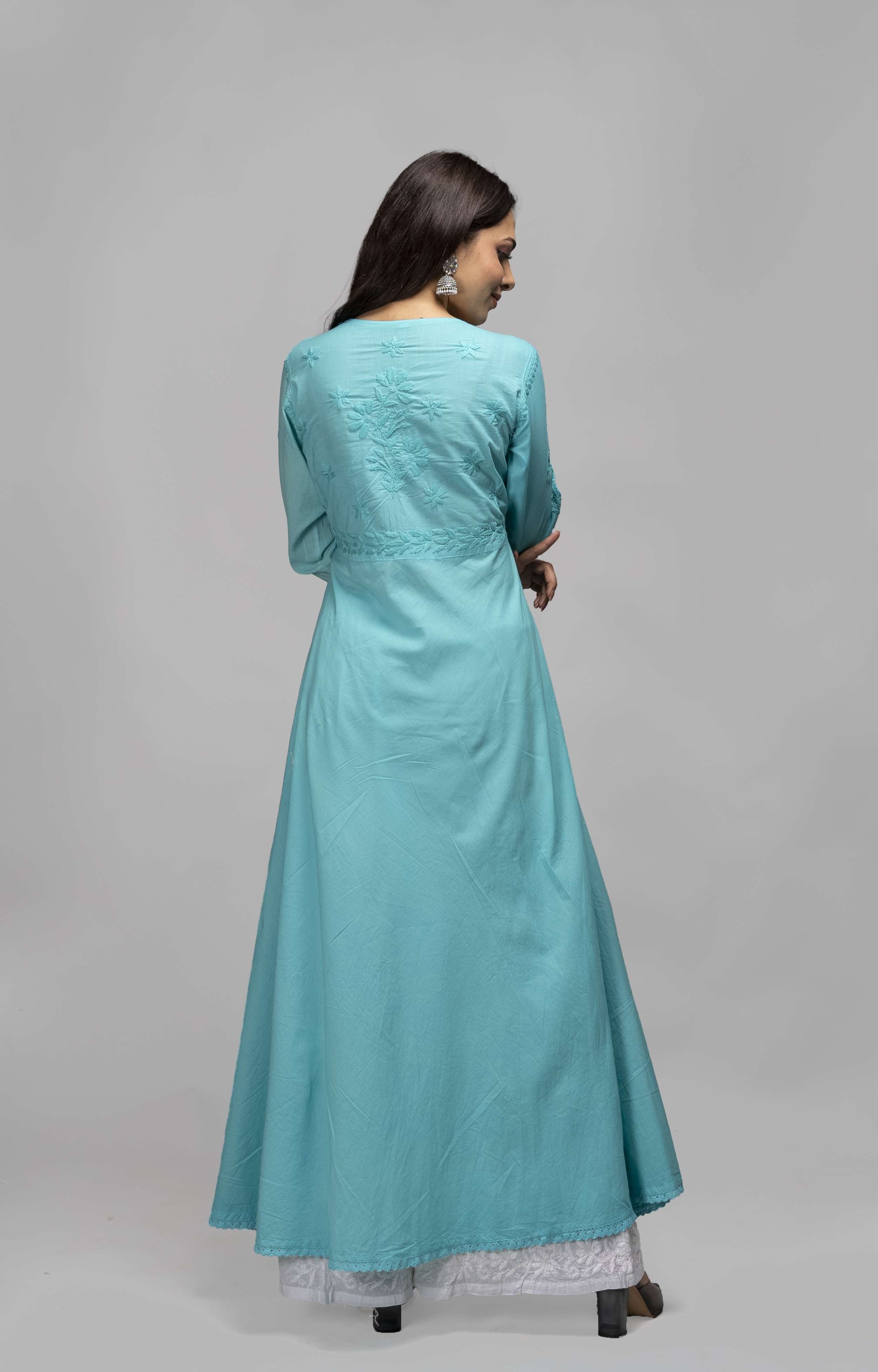 Turquoise Blue Hand Embroidered Chikankari Cotton Gown