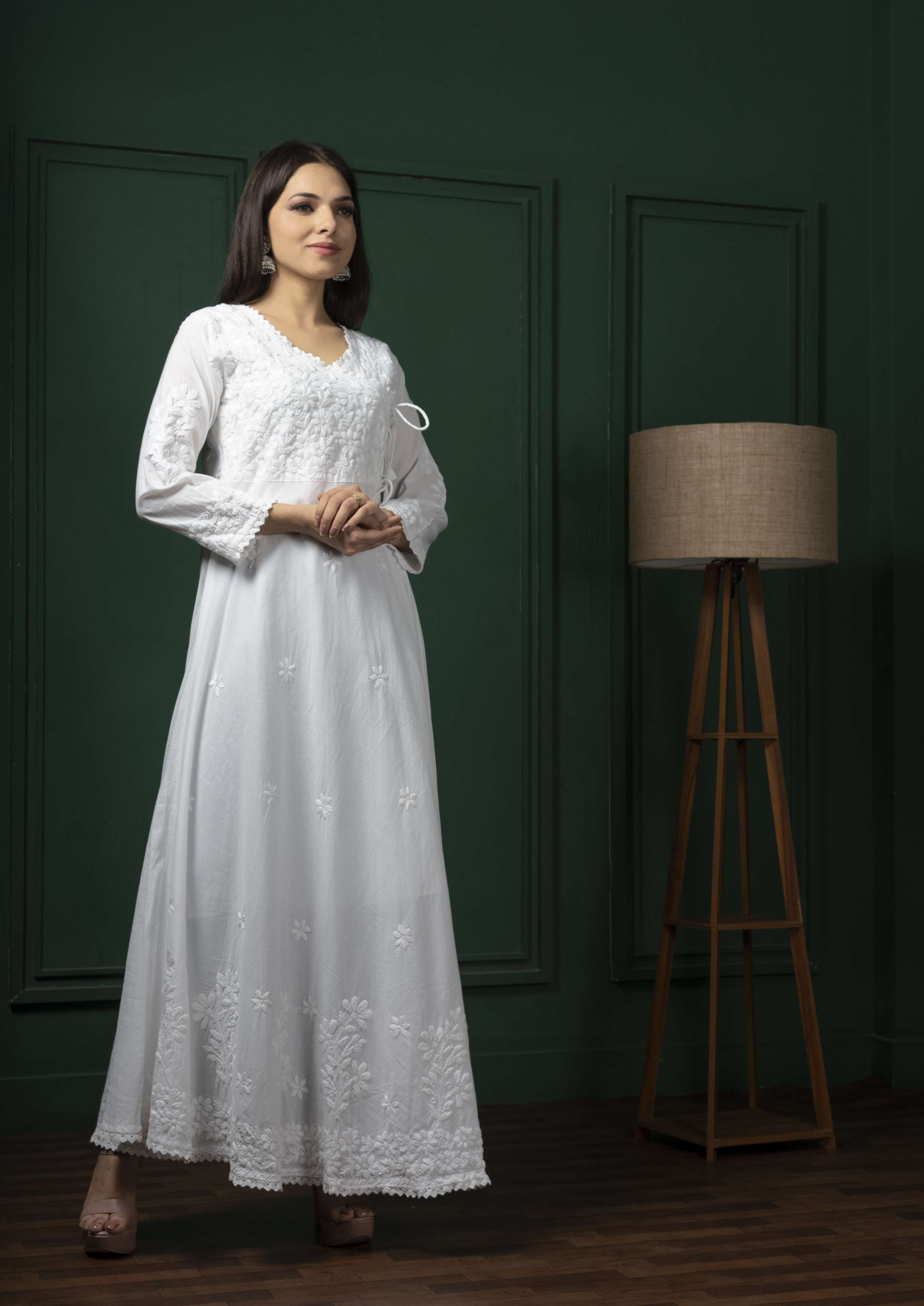White Handembroidered Chikankari Pure Cotton Gown
