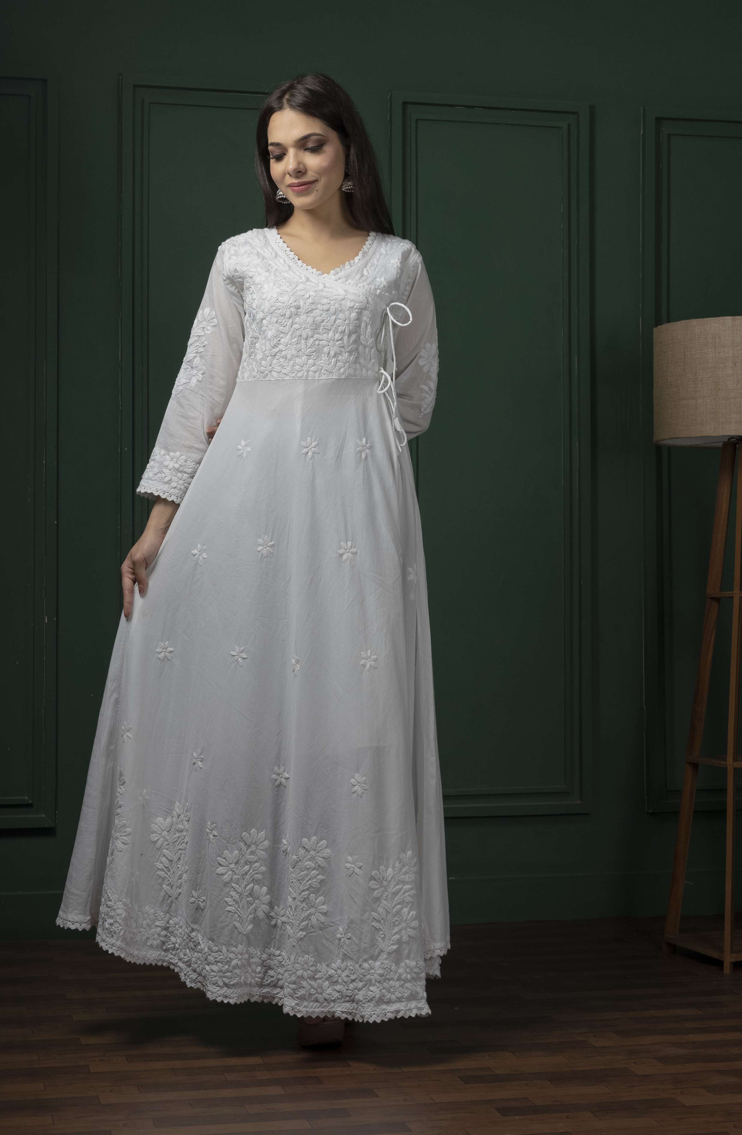 White Handembroidered Chikankari Pure Cotton Gown