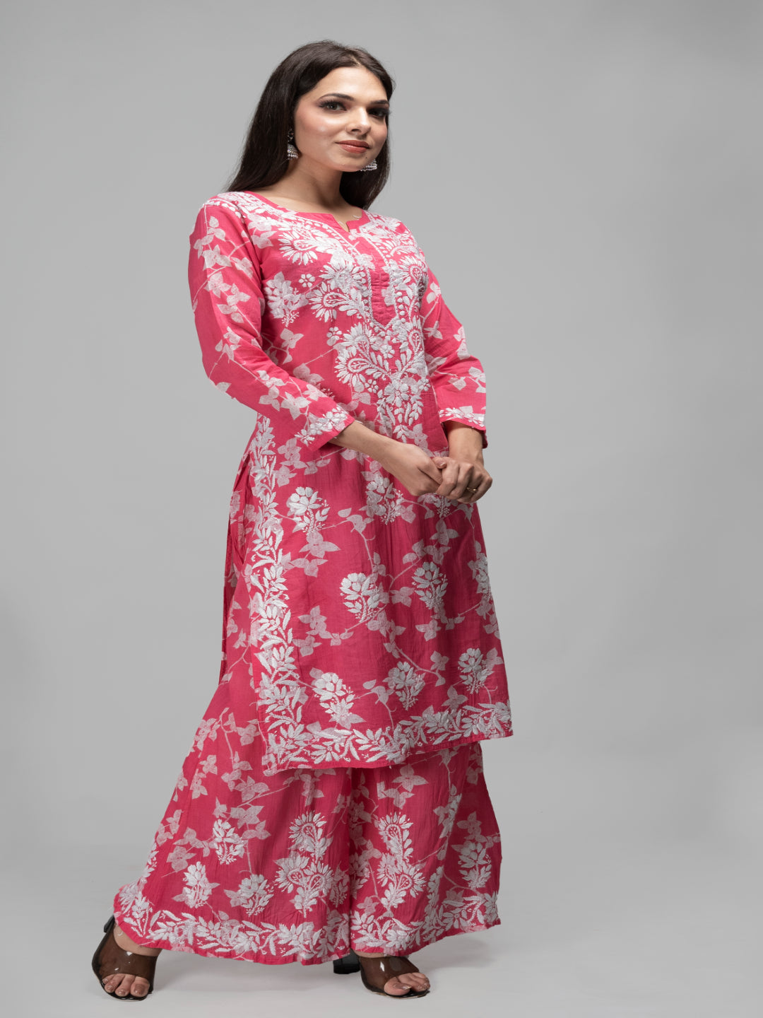 Saadgi chikankari handembroidered mulmul cotton Pink set with palazzo