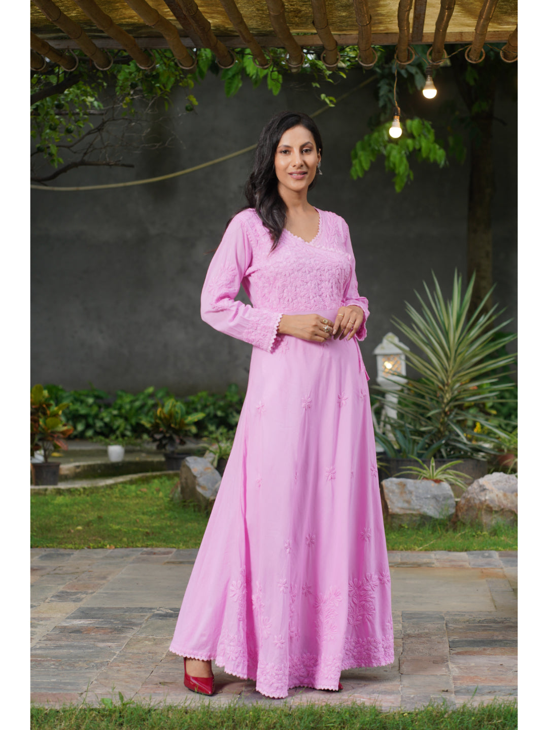 Saadgi chikankari handembroidered pure cotton  pink anarkali with pants