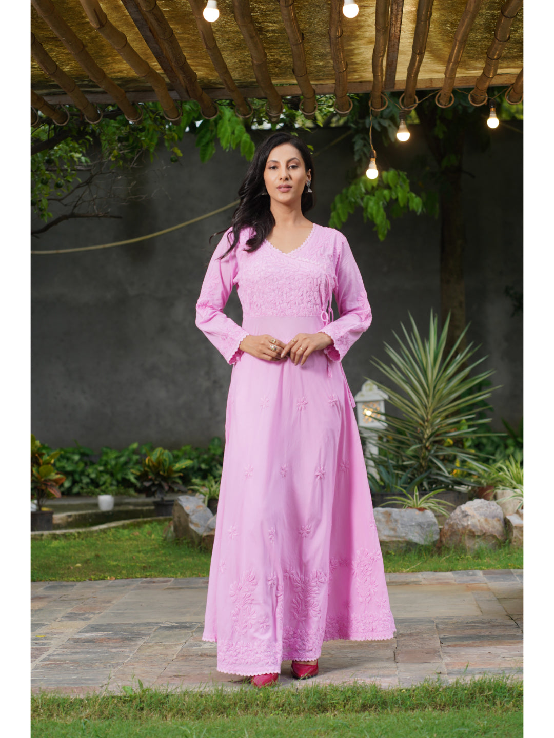 Saadgi chikankari handembroidered pure cotton  pink anarkali with pants-Option of only kurta also available