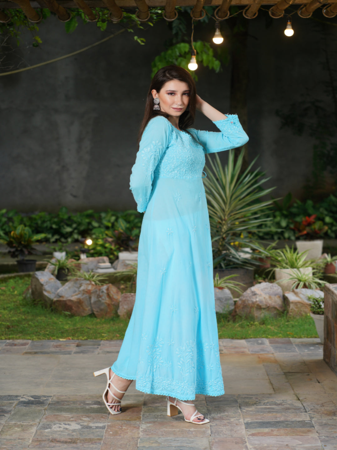 Saadgi chikankari handembroidered pure cotton Aqua anarkali gown with pants