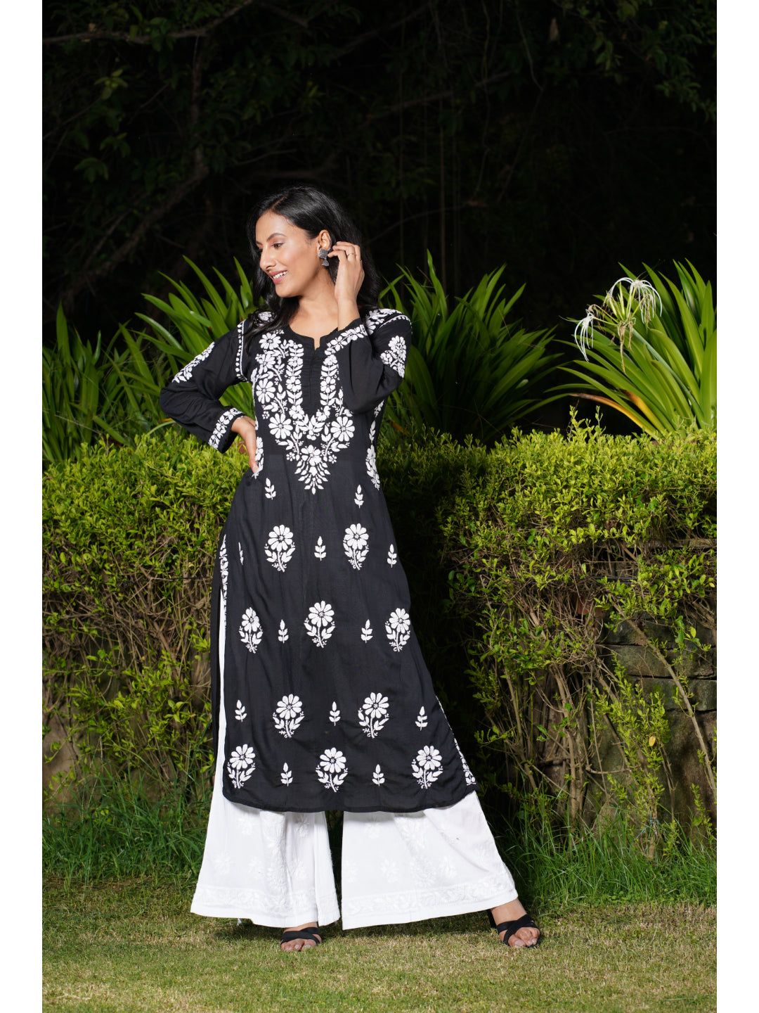 Saadgi hand embroidered chikankari black modal kurti set with palazzo-option of only kurta also available