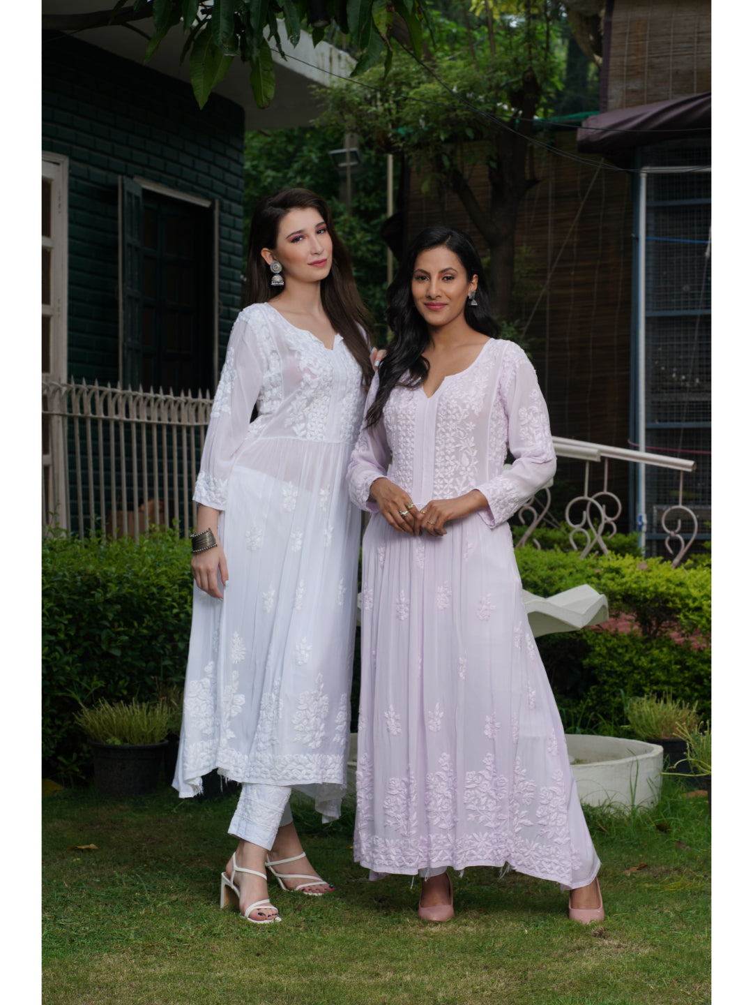 Saadgi hand embroidered chikankari pure crape blush pink gown kurta set