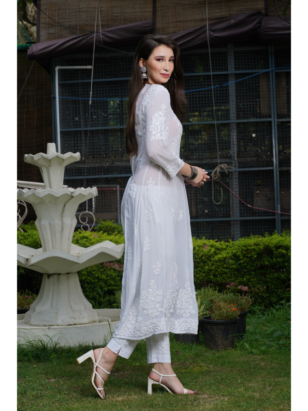 Saadgi hand embroidered chikankari pure crape White gown kurta set